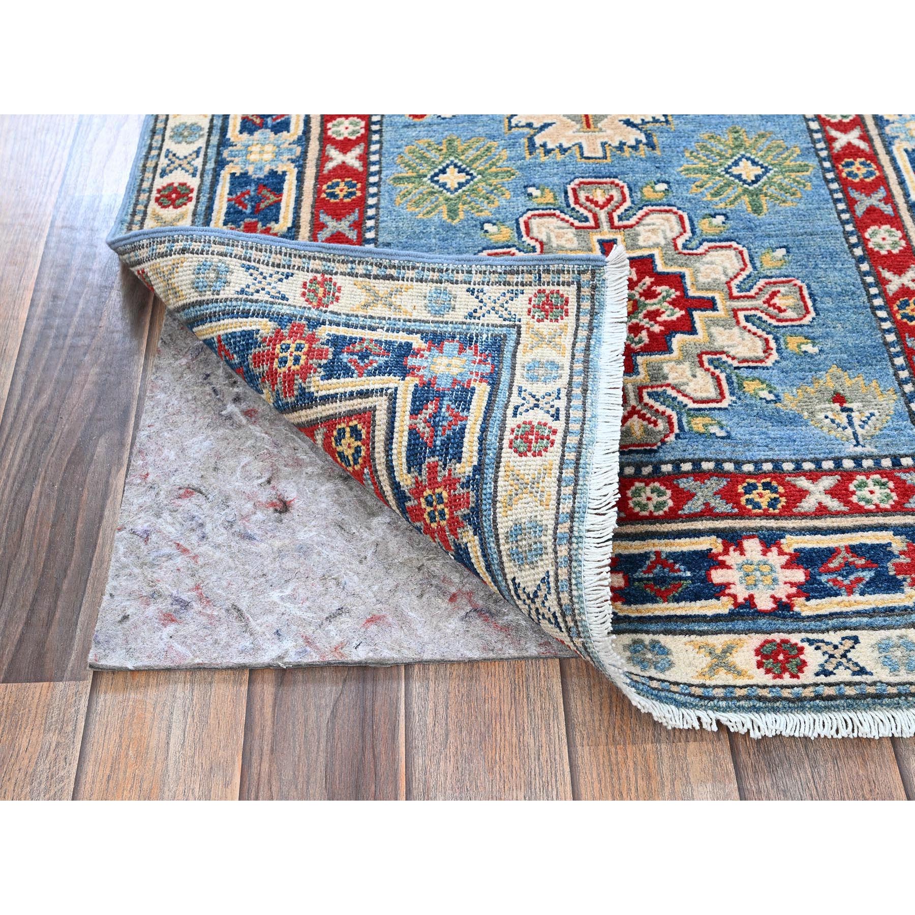2'7"x6'7" Carolina Blue, Kazak with Tribal Medallion Design, Soft and Shiny Wool, Hand Knotted, Vegetable Dyes, Denser Weave, Runner, Oriental Rug Sh442