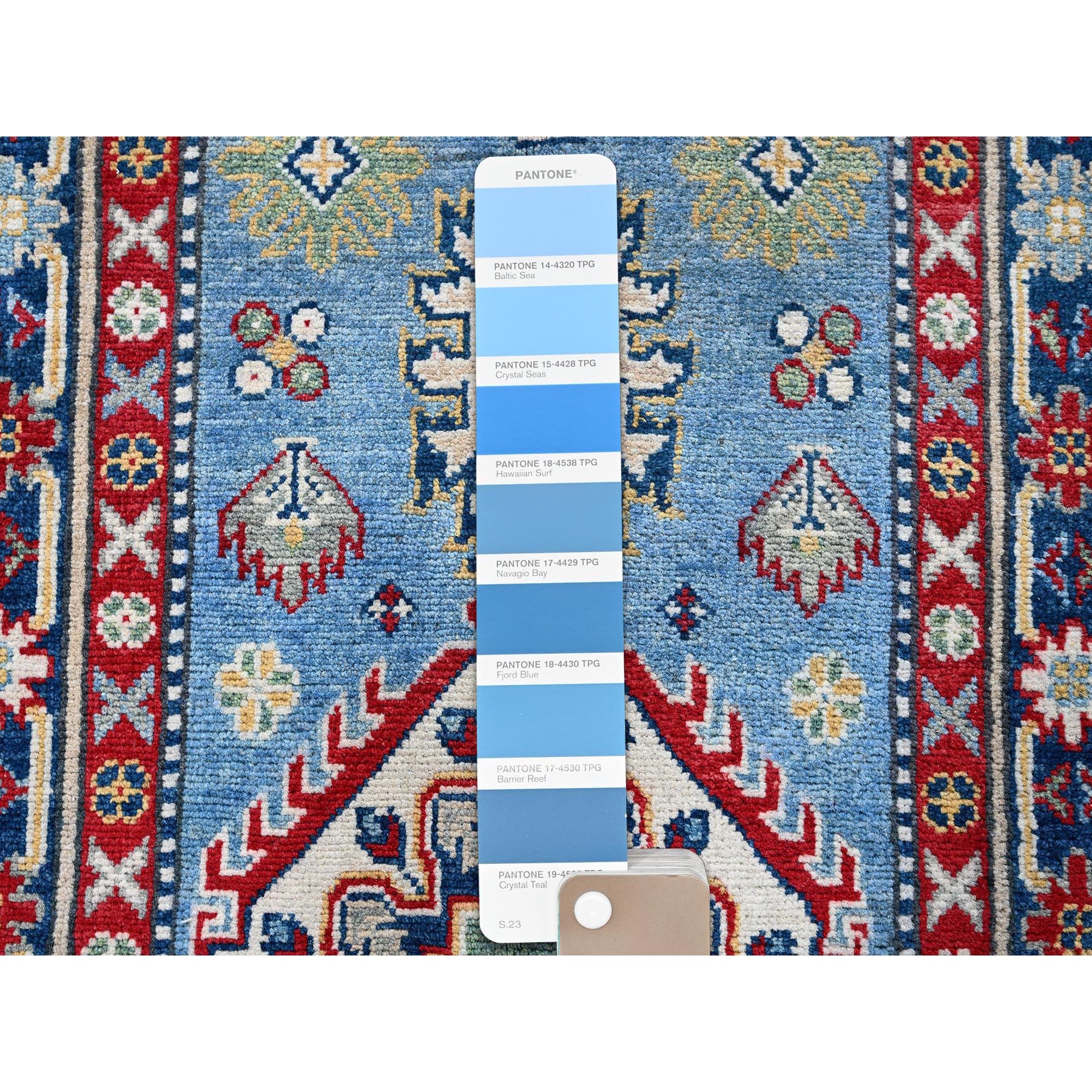 2'7"x6'7" Carolina Blue, Kazak with Tribal Medallion Design, Soft and Shiny Wool, Hand Knotted, Vegetable Dyes, Denser Weave, Runner, Oriental Rug Sh442