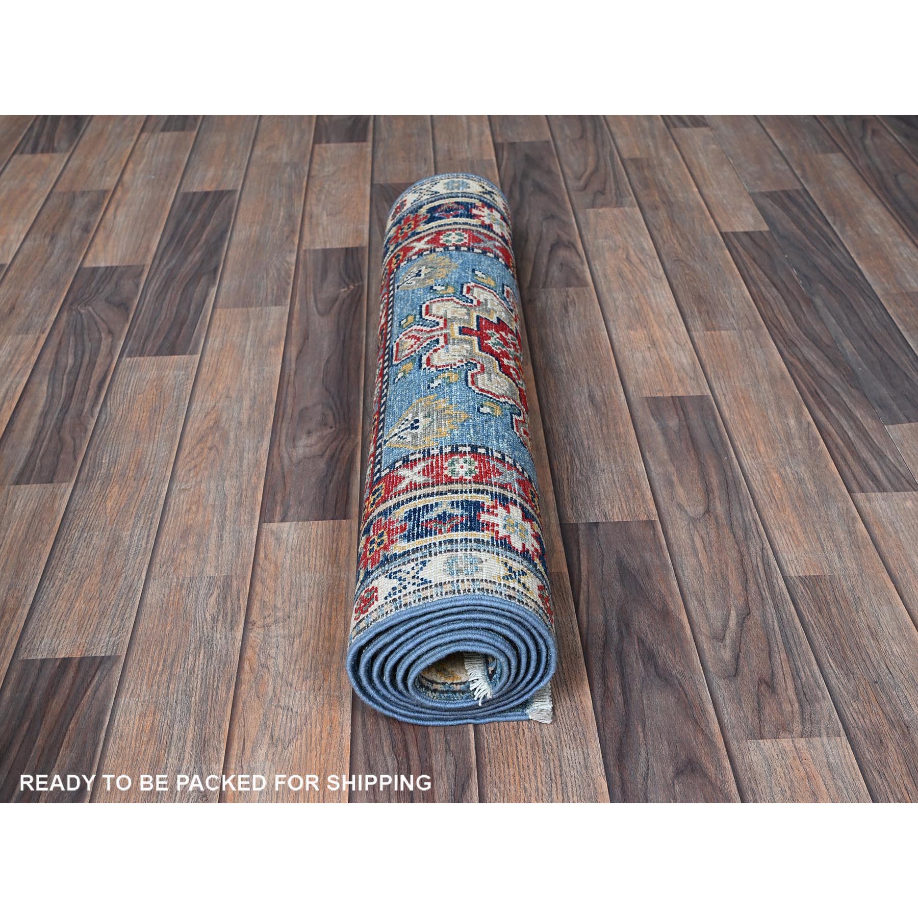 2'7"x6'7" Carolina Blue, Kazak with Tribal Medallion Design, Soft and Shiny Wool, Hand Knotted, Vegetable Dyes, Denser Weave, Runner, Oriental Rug Sh442