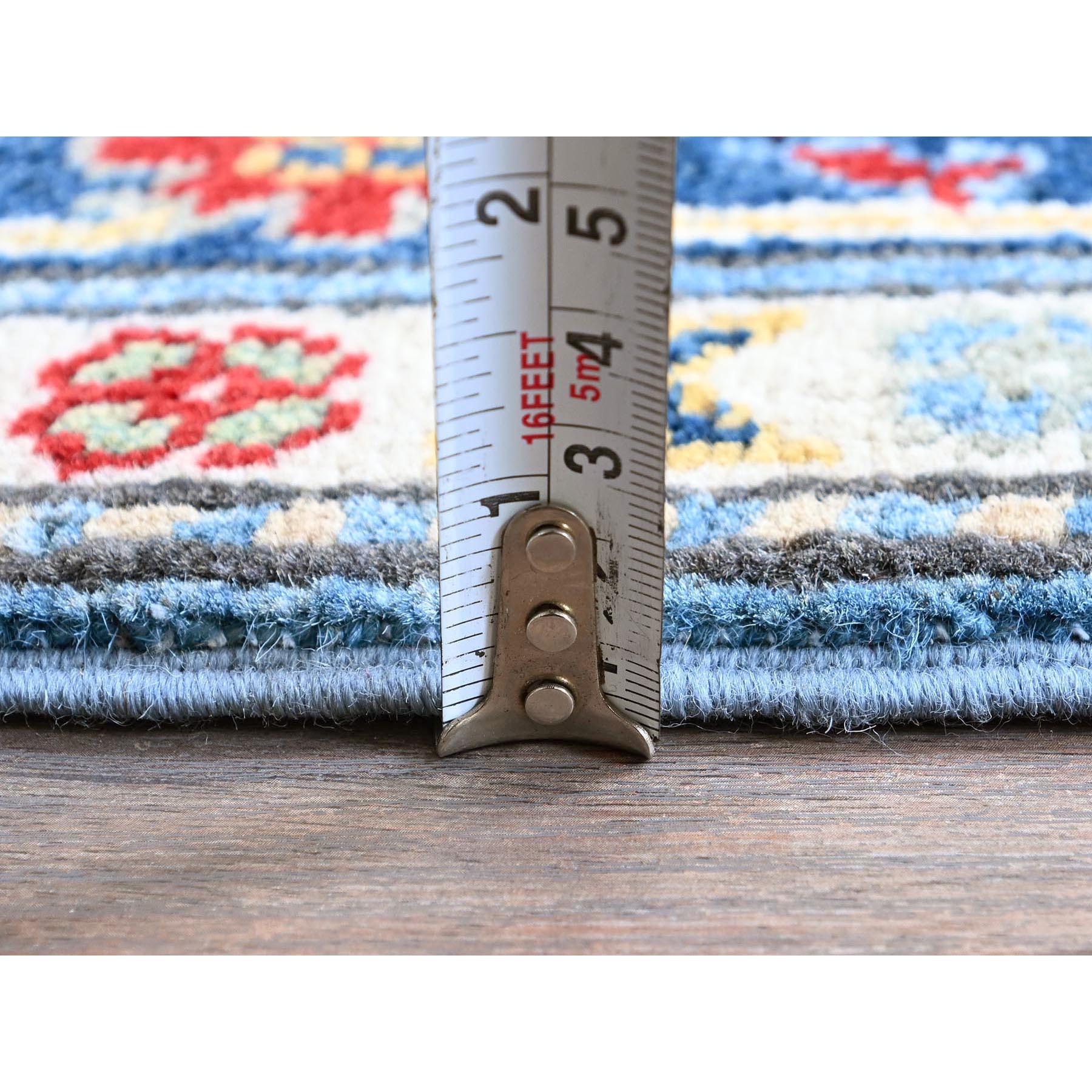 2'7"x6'7" Carolina Blue, Kazak with Tribal Medallion Design, Soft and Shiny Wool, Hand Knotted, Vegetable Dyes, Denser Weave, Runner, Oriental Rug Sh442