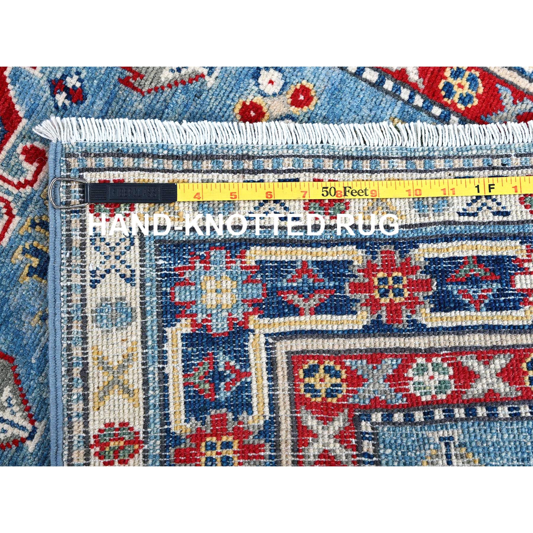 2'7"x6'7" Carolina Blue, Kazak with Tribal Medallion Design, Soft and Shiny Wool, Hand Knotted, Vegetable Dyes, Denser Weave, Runner, Oriental Rug Sh442