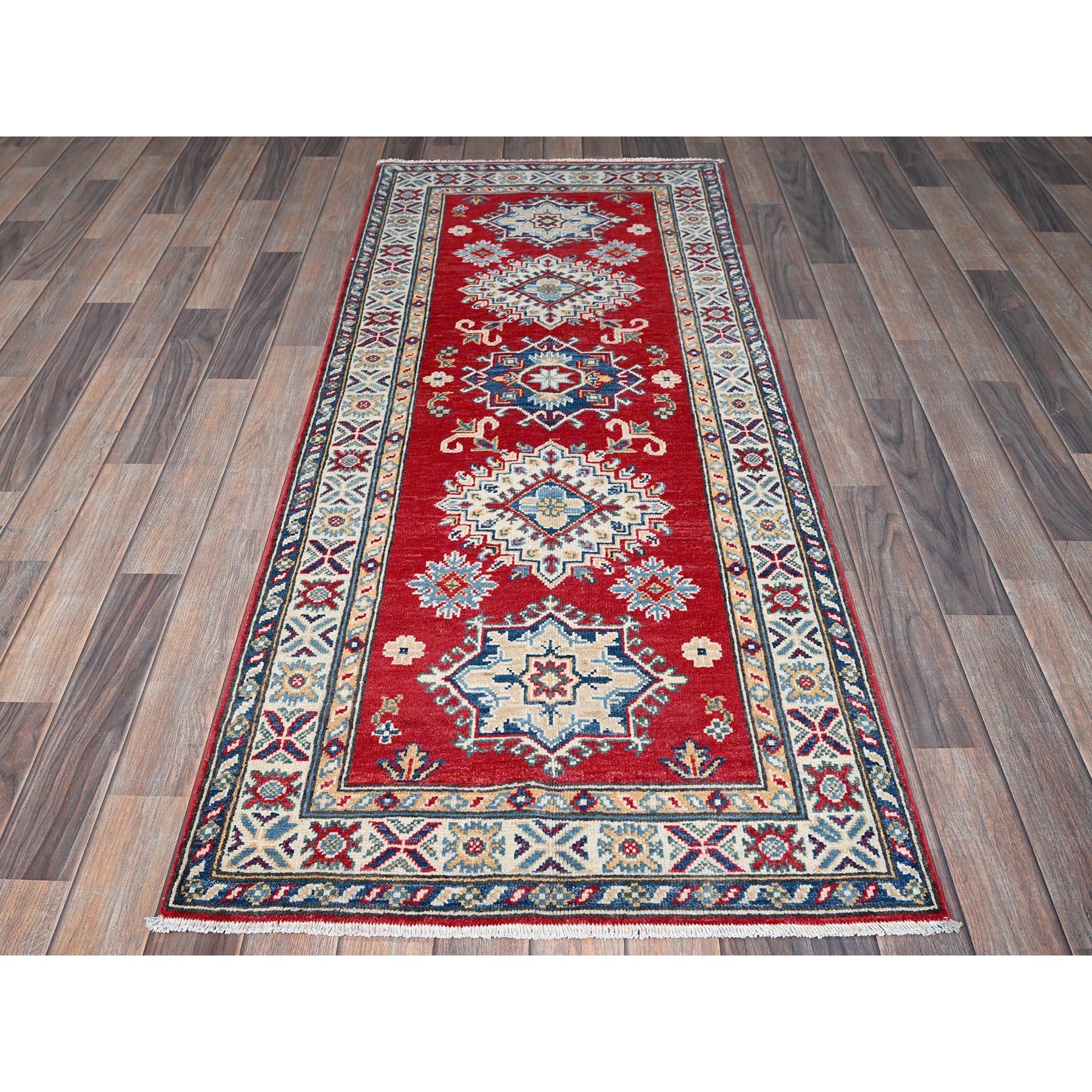 2'7"x6'5" Scarlet Red, Kazak with Geometric Medallions Design, Soft and Shiny Wool, Hand Knotted, Vegetable Dyes, Denser Weave, Runner, Oriental Rug Sh443