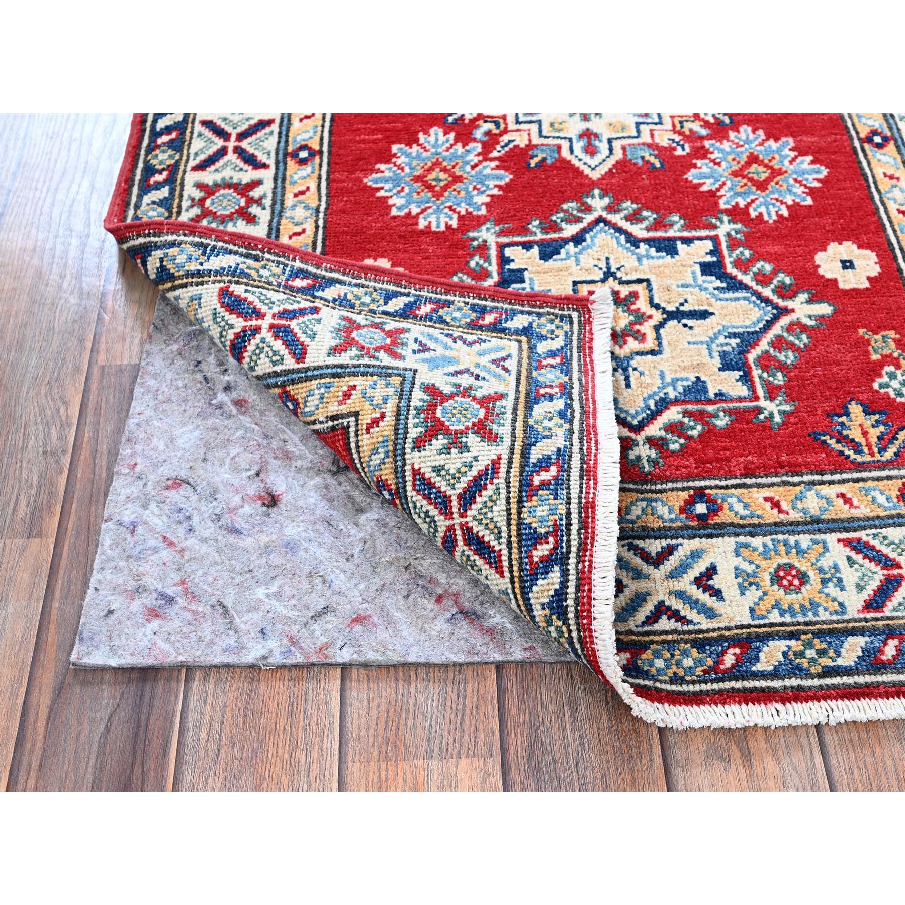 2'7"x6'5" Scarlet Red, Kazak with Geometric Medallions Design, Soft and Shiny Wool, Hand Knotted, Vegetable Dyes, Denser Weave, Runner, Oriental Rug Sh443