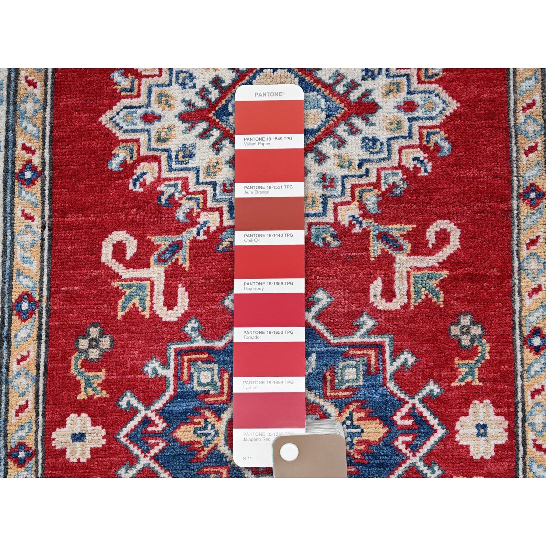 2'7"x6'5" Scarlet Red, Kazak with Geometric Medallions Design, Soft and Shiny Wool, Hand Knotted, Vegetable Dyes, Denser Weave, Runner, Oriental Rug Sh443
