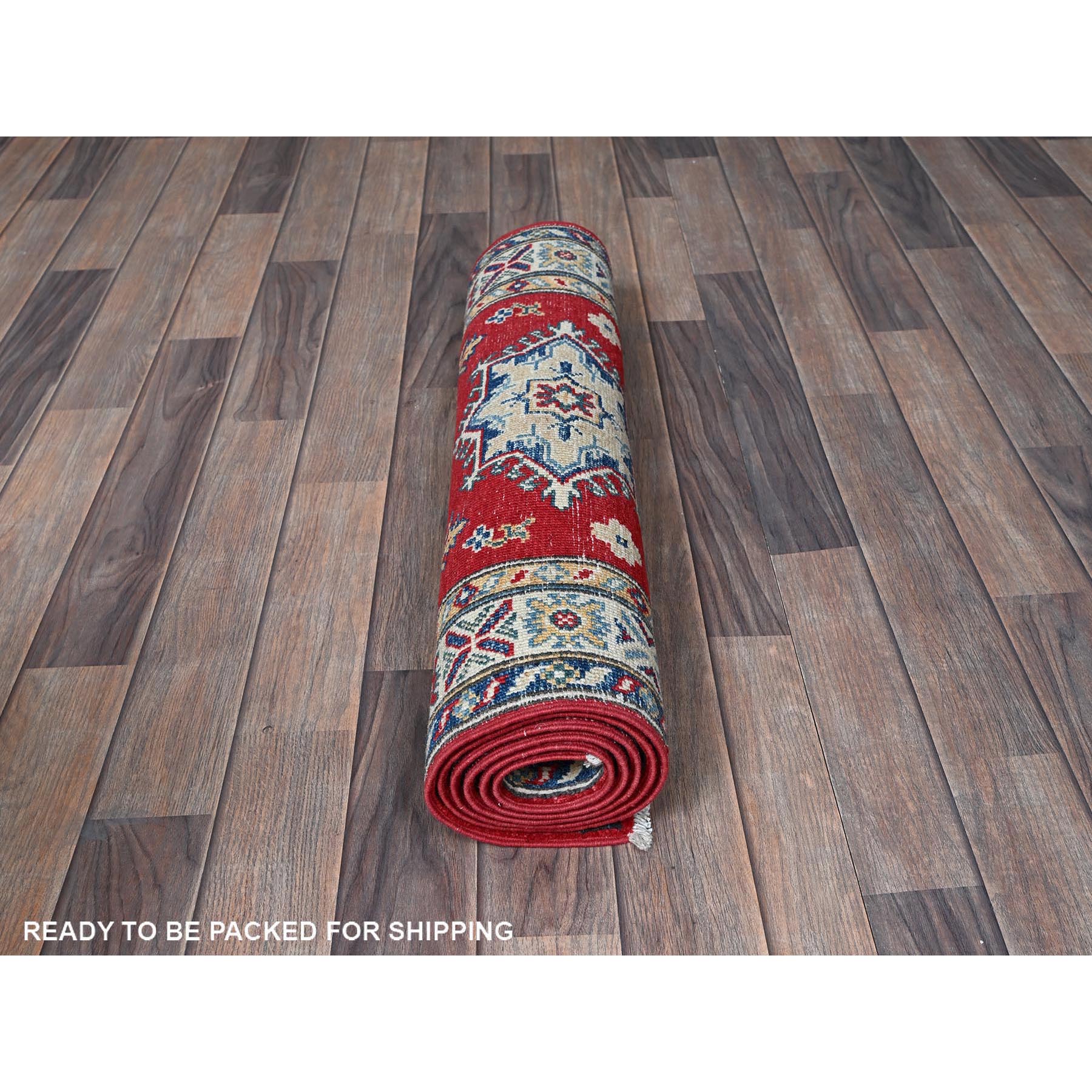 2'7"x6'5" Scarlet Red, Kazak with Geometric Medallions Design, Soft and Shiny Wool, Hand Knotted, Vegetable Dyes, Denser Weave, Runner, Oriental Rug Sh443