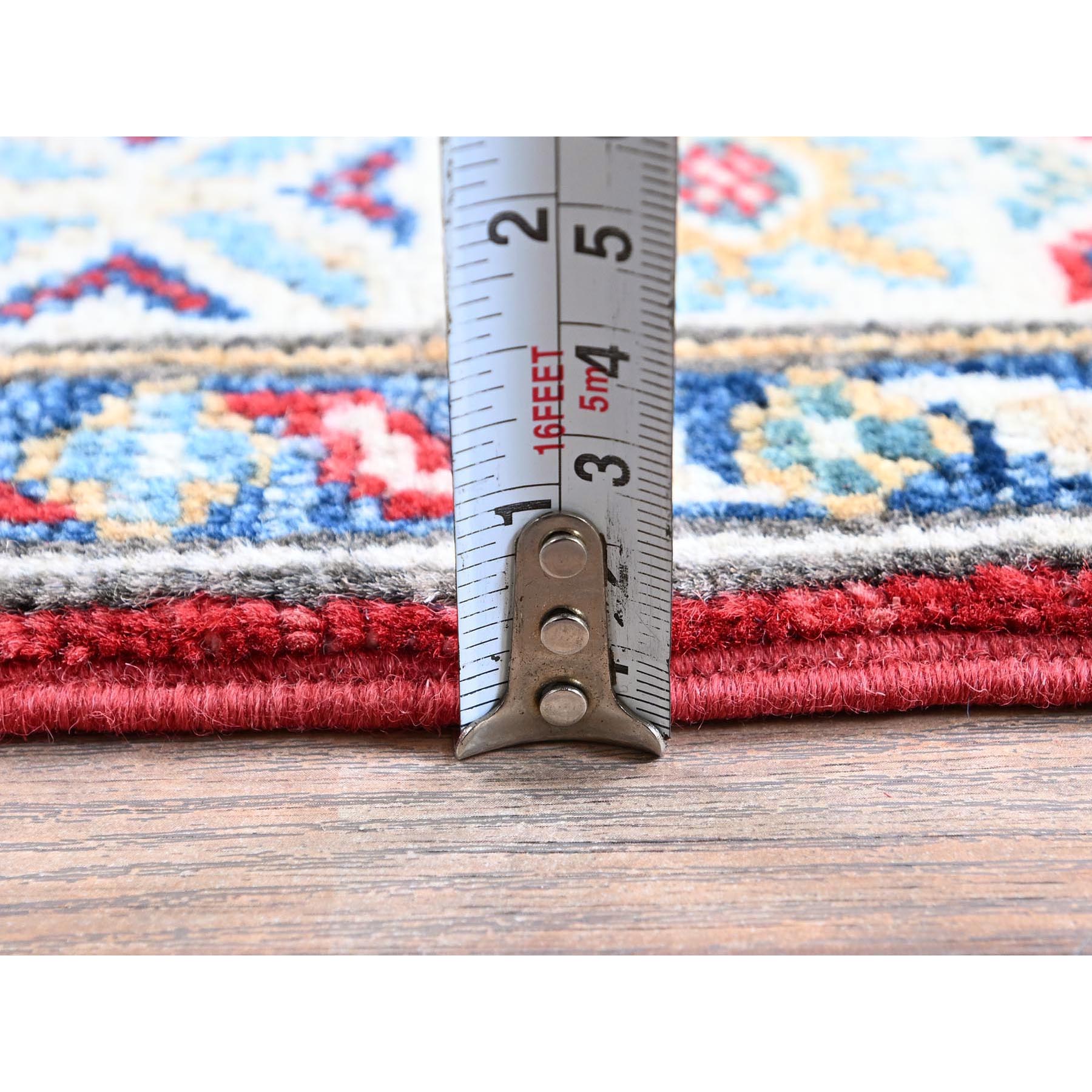 2'7"x6'5" Scarlet Red, Kazak with Geometric Medallions Design, Soft and Shiny Wool, Hand Knotted, Vegetable Dyes, Denser Weave, Runner, Oriental Rug Sh443