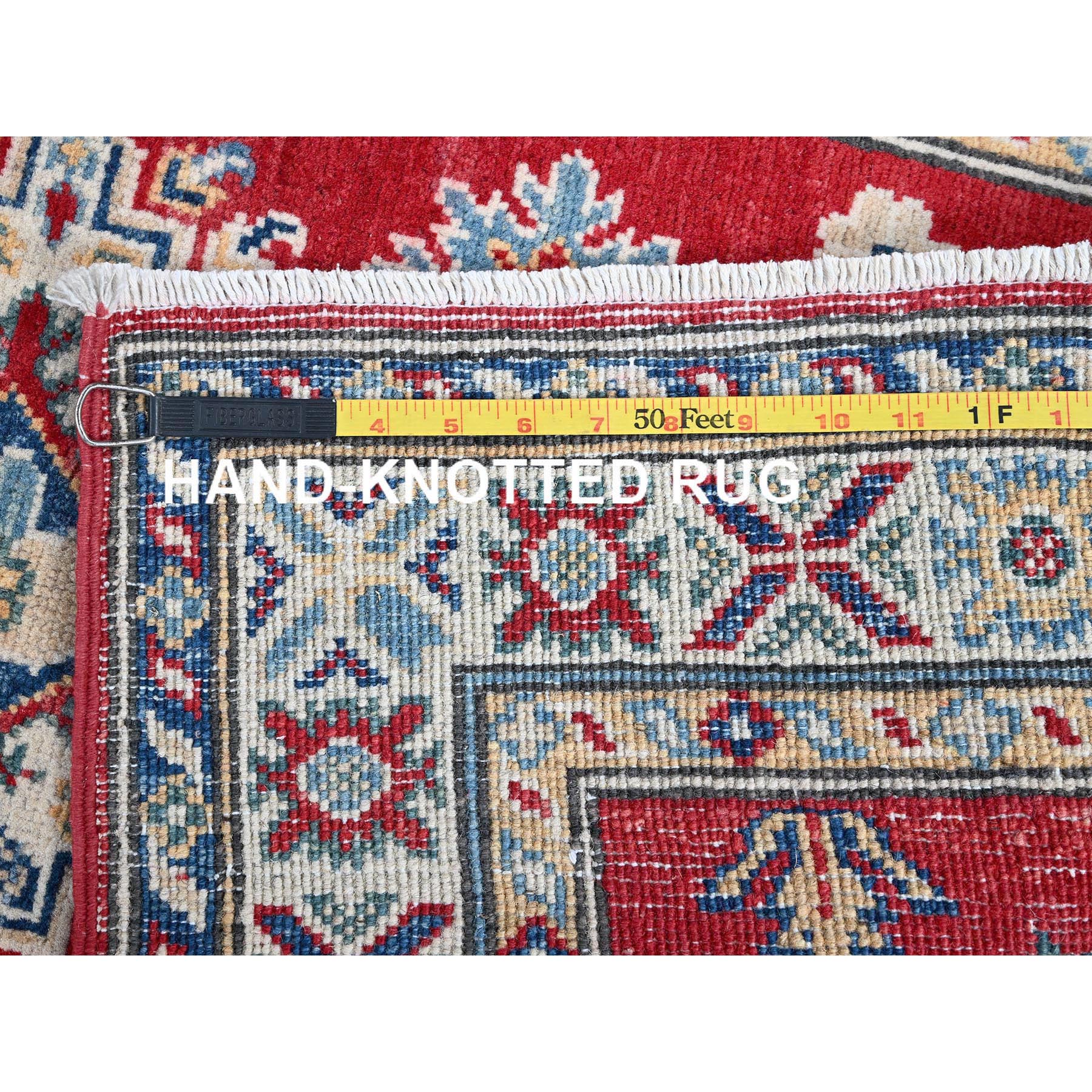 2'7"x6'5" Scarlet Red, Kazak with Geometric Medallions Design, Soft and Shiny Wool, Hand Knotted, Vegetable Dyes, Denser Weave, Runner, Oriental Rug Sh443