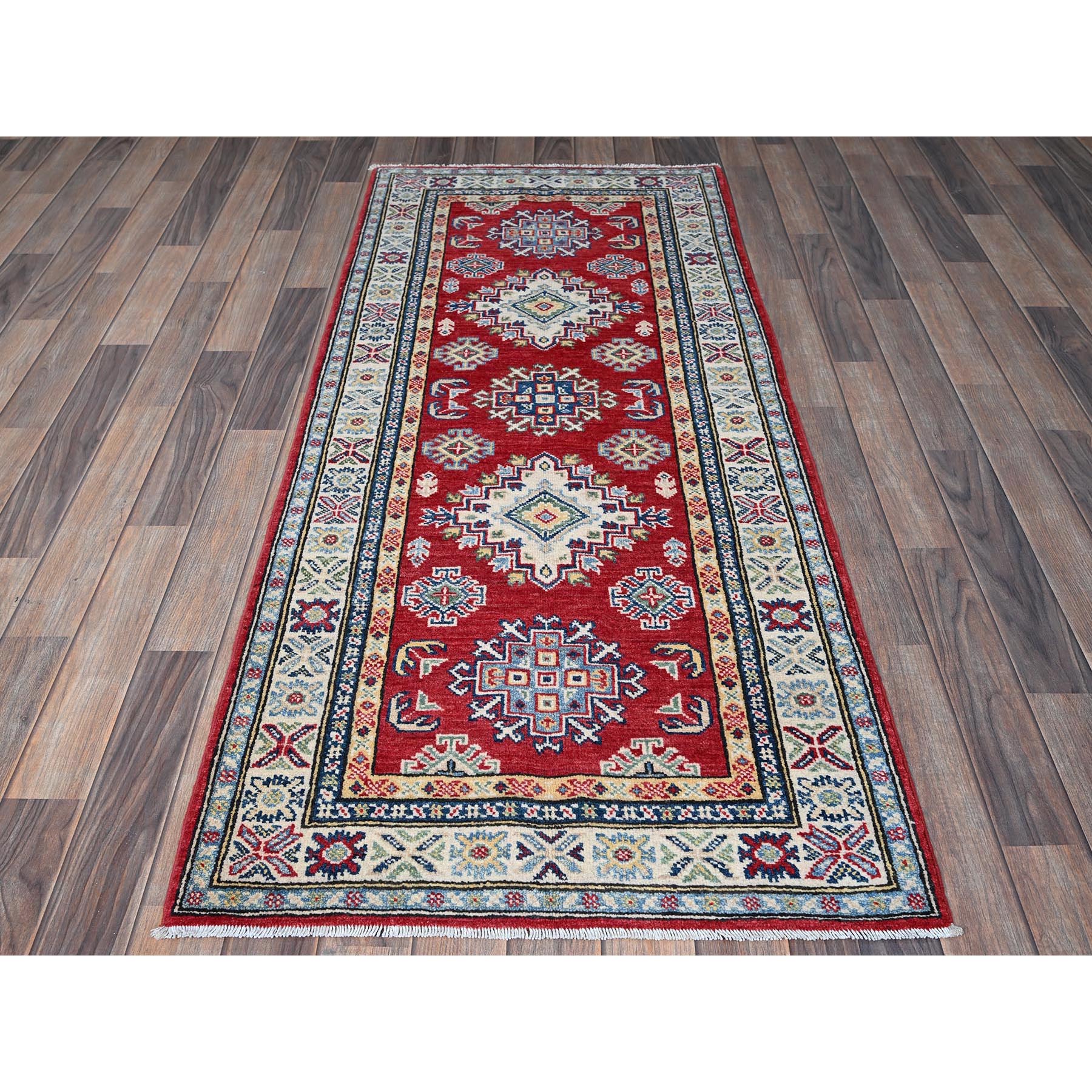 2'8"x6'4" Berry Red, Kazak with Geometric Medallions Design, Hand Knotted, Soft and Velvety Wool, Vegetable Dyes, Denser Weave, Runner, Oriental Rug Sh444