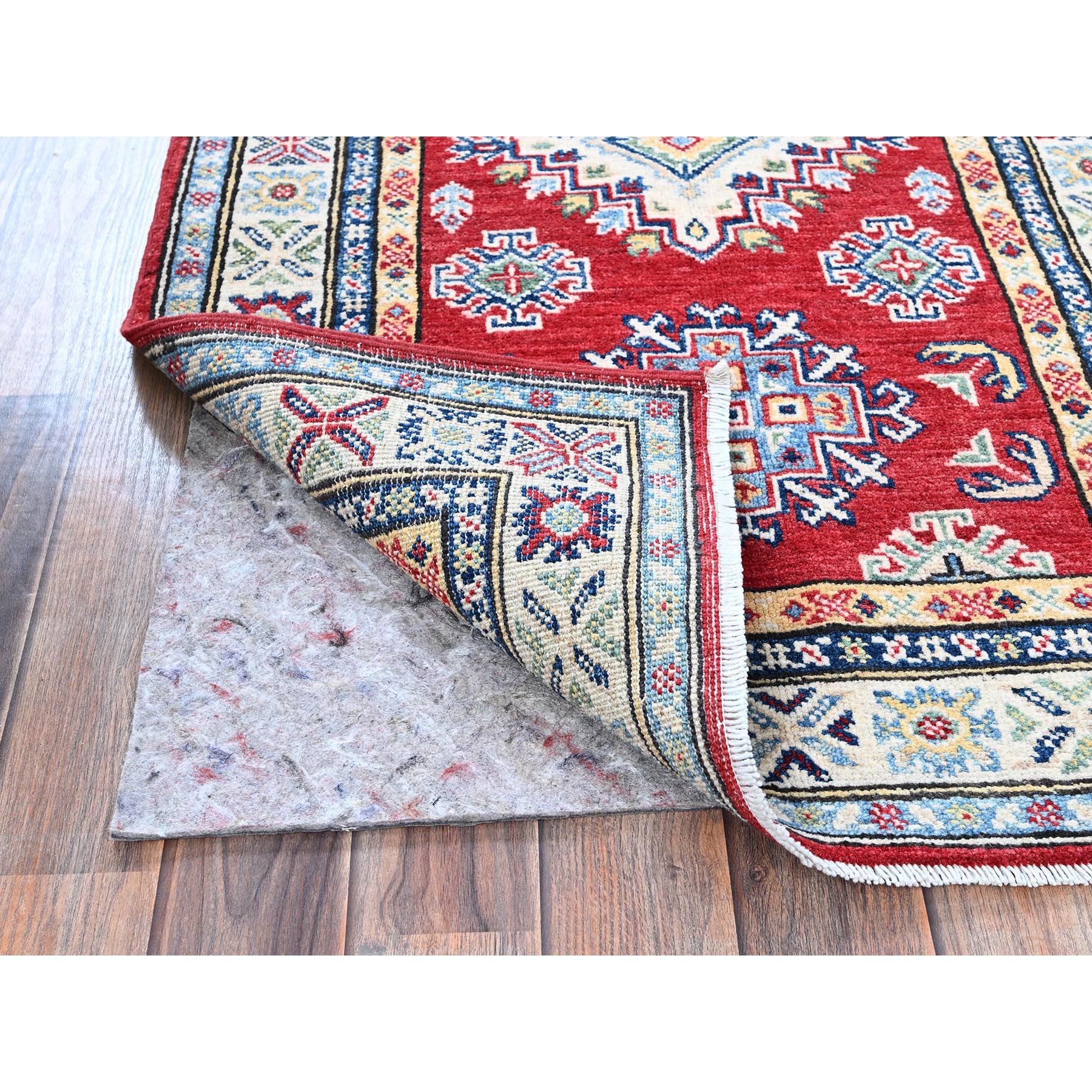 2'8"x6'4" Berry Red, Kazak with Geometric Medallions Design, Hand Knotted, Soft and Velvety Wool, Vegetable Dyes, Denser Weave, Runner, Oriental Rug Sh444