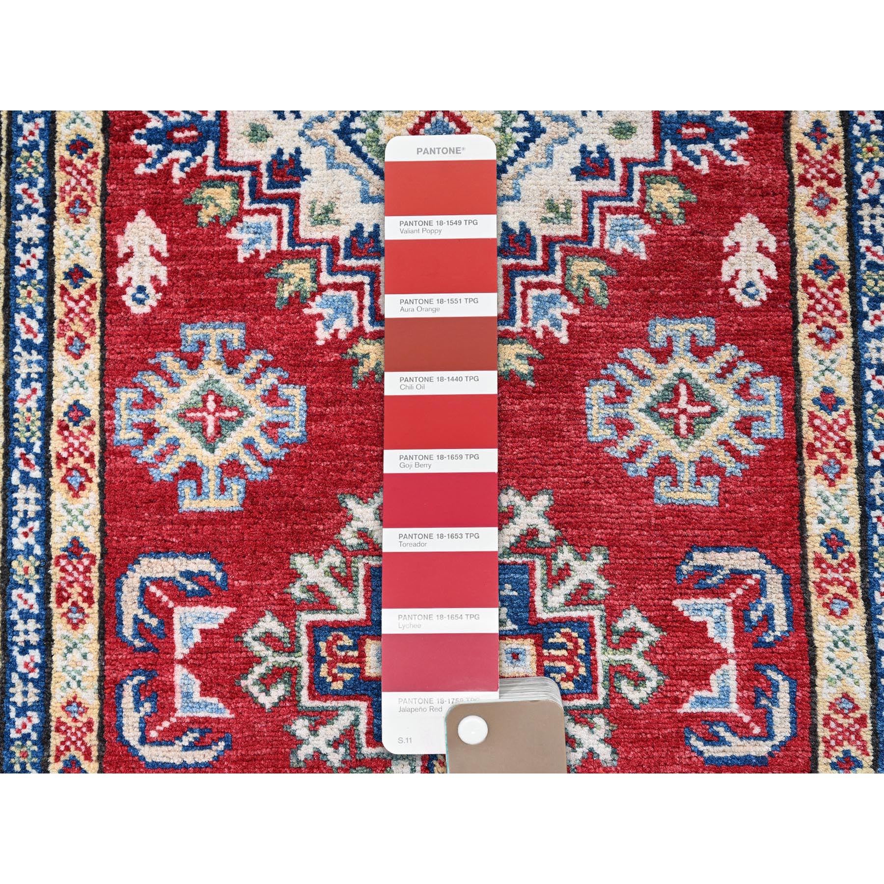 2'8"x6'4" Berry Red, Kazak with Geometric Medallions Design, Hand Knotted, Soft and Velvety Wool, Vegetable Dyes, Denser Weave, Runner, Oriental Rug Sh444