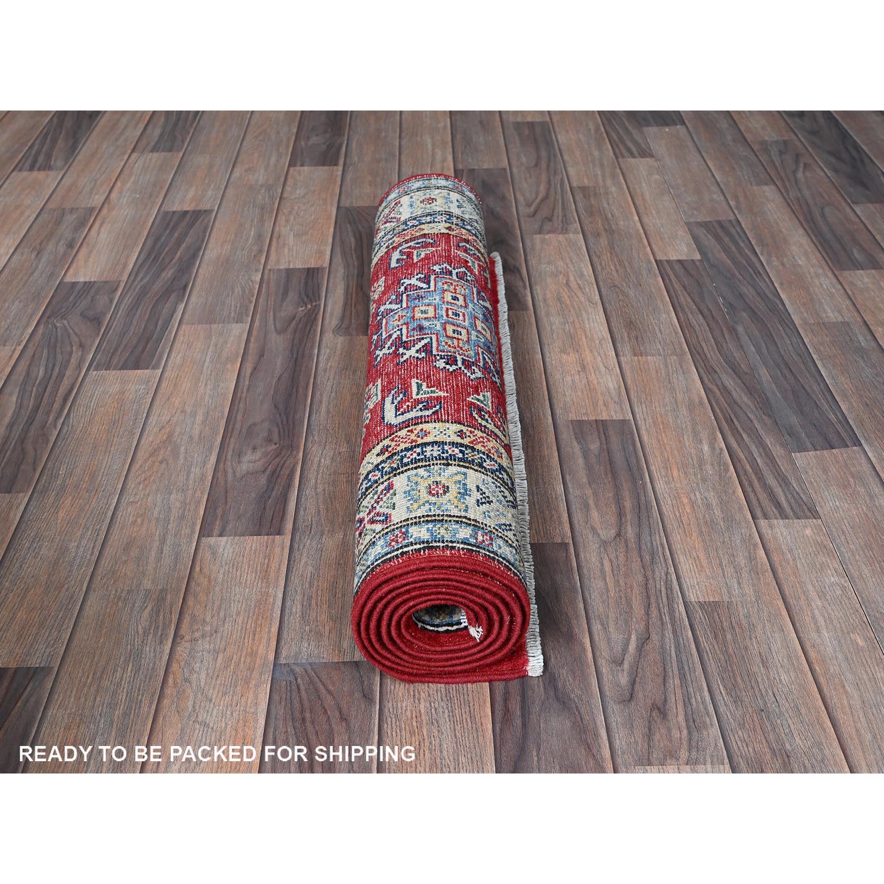 2'8"x6'4" Berry Red, Kazak with Geometric Medallions Design, Hand Knotted, Soft and Velvety Wool, Vegetable Dyes, Denser Weave, Runner, Oriental Rug Sh444