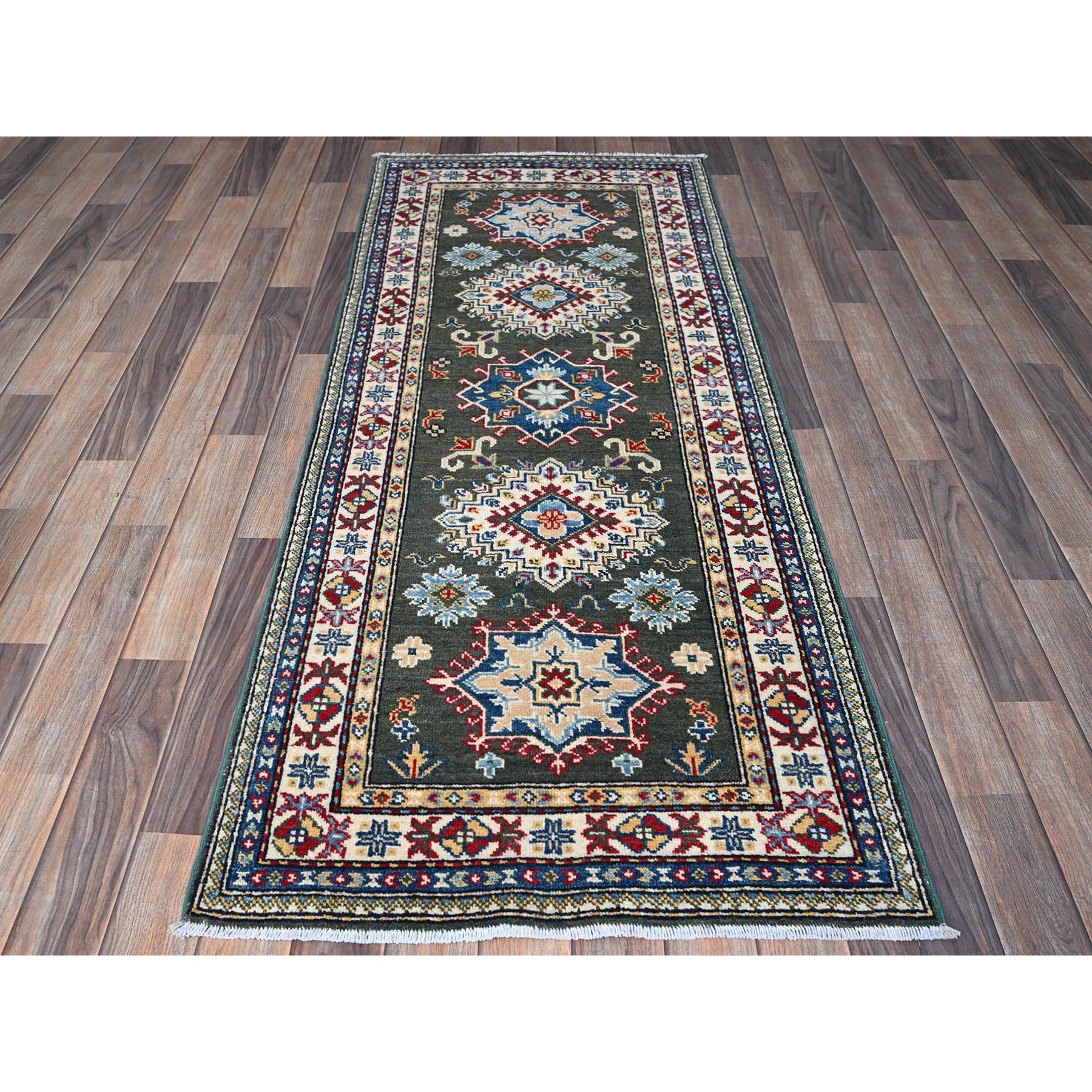 2'8"x6'5" Seaweed Green, Kazak with Geometric Medallions Design, Soft and Vibrant Wool, Hand Knotted, Vegetable Dyes, Denser Weave, Runner, Oriental Rug Sh445