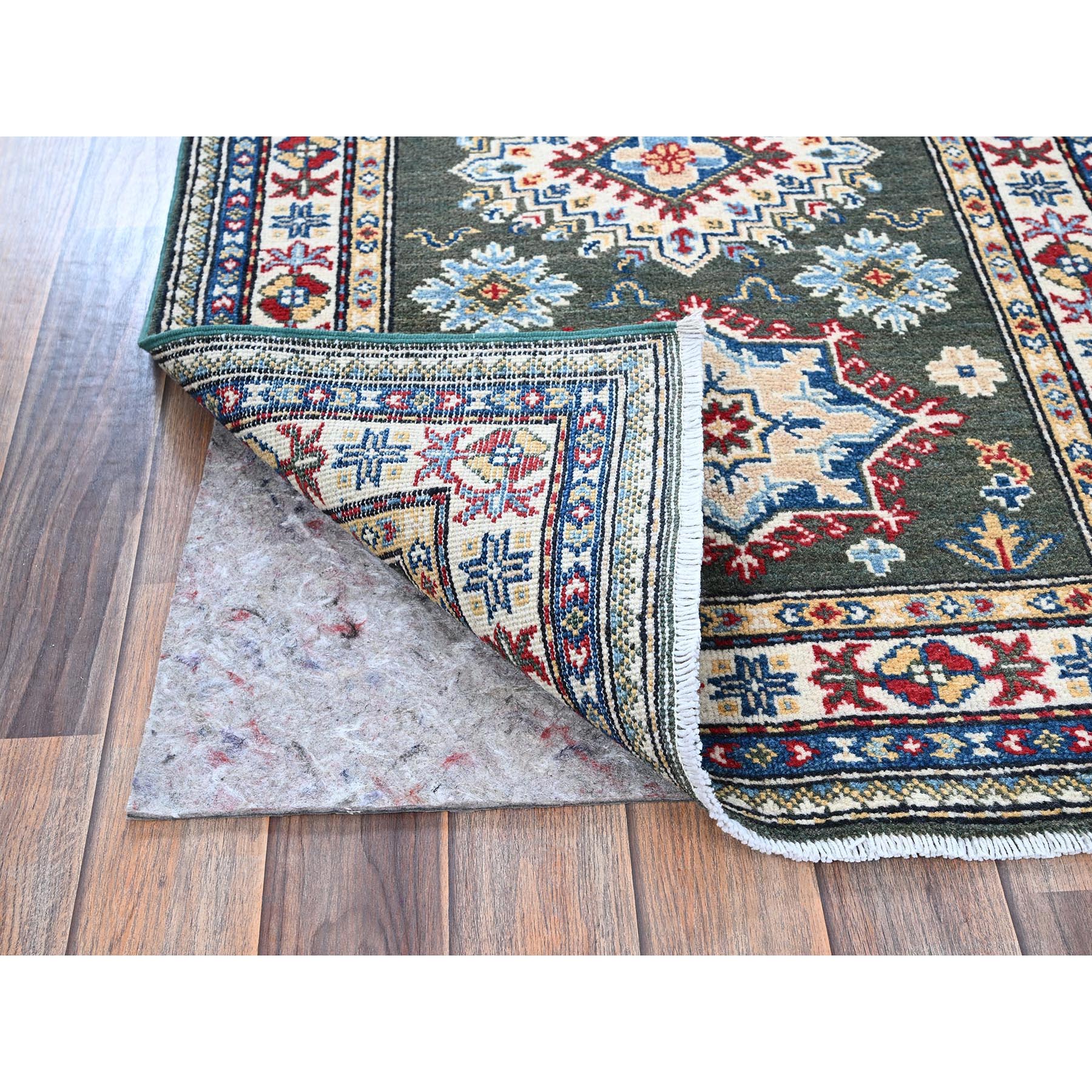 2'8"x6'5" Seaweed Green, Kazak with Geometric Medallions Design, Soft and Vibrant Wool, Hand Knotted, Vegetable Dyes, Denser Weave, Runner, Oriental Rug Sh445