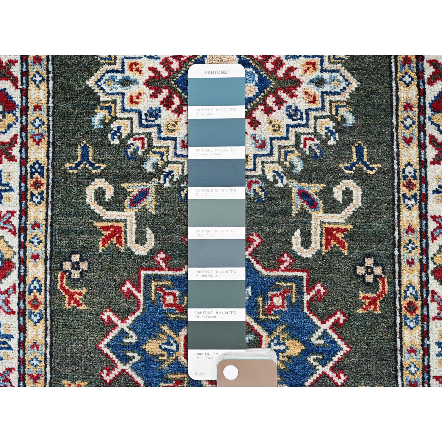 2'8"x6'5" Seaweed Green, Kazak with Geometric Medallions Design, Soft and Vibrant Wool, Hand Knotted, Vegetable Dyes, Denser Weave, Runner, Oriental Rug Sh445