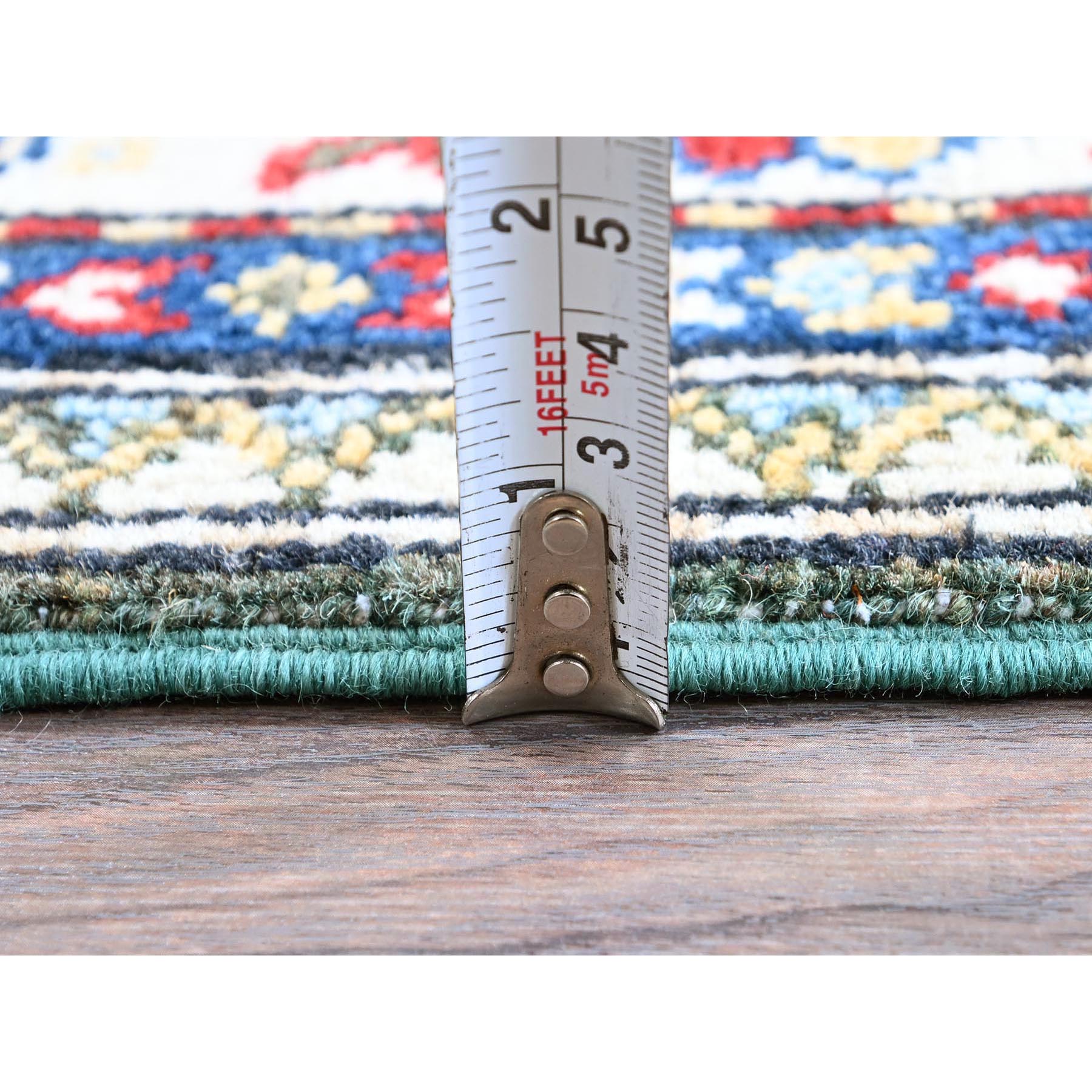 2'8"x6'5" Seaweed Green, Kazak with Geometric Medallions Design, Soft and Vibrant Wool, Hand Knotted, Vegetable Dyes, Denser Weave, Runner, Oriental Rug Sh445