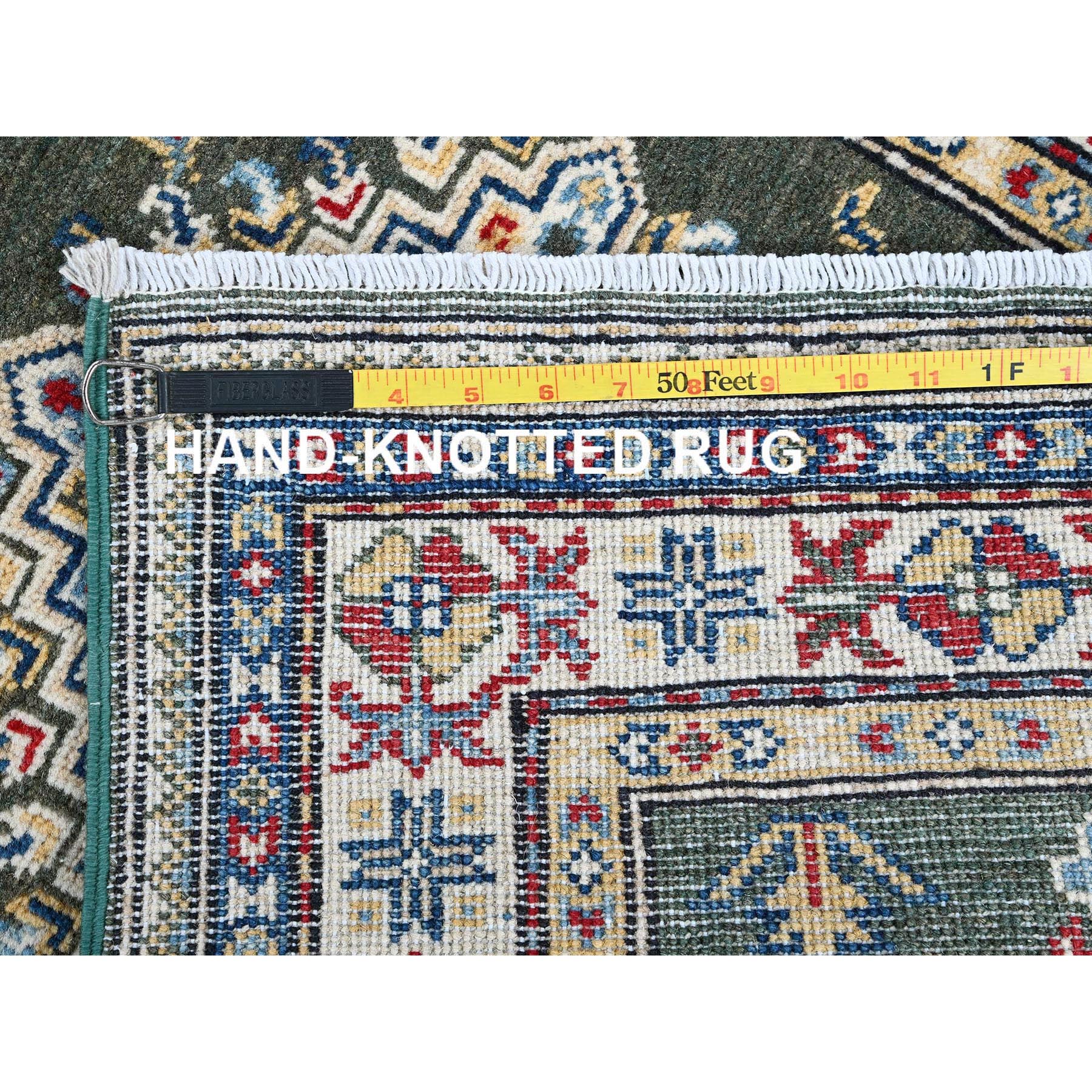 2'8"x6'5" Seaweed Green, Kazak with Geometric Medallions Design, Soft and Vibrant Wool, Hand Knotted, Vegetable Dyes, Denser Weave, Runner, Oriental Rug Sh445