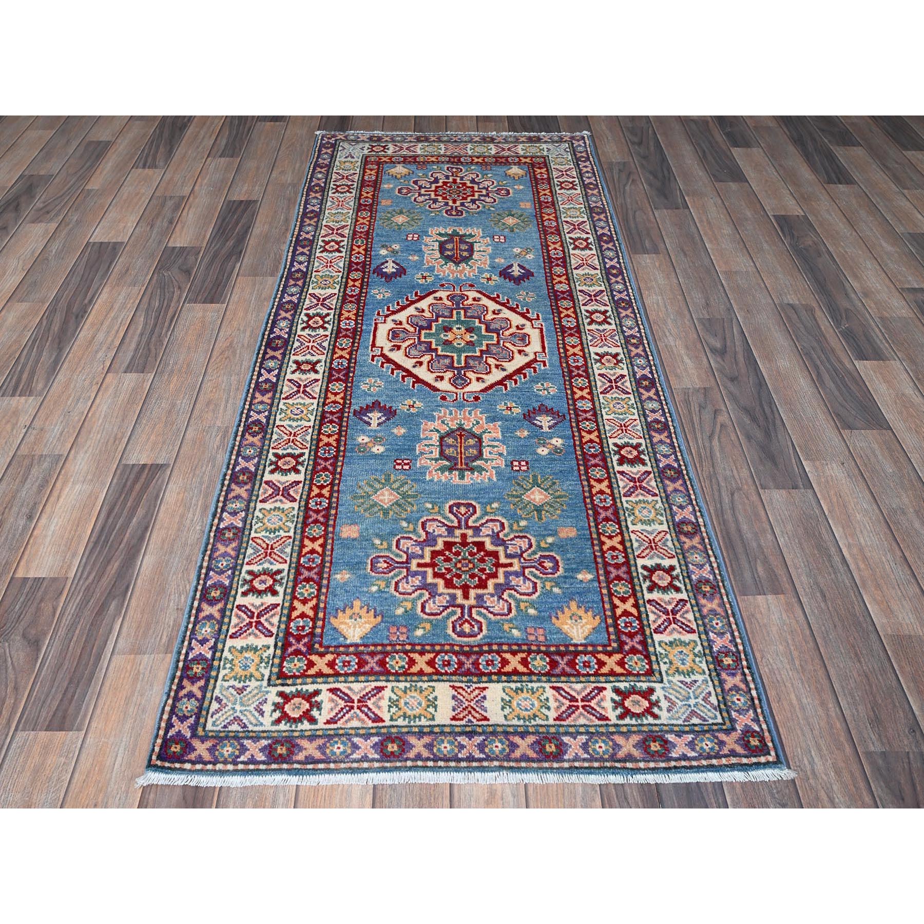 2'8"x6'4" Maya Blue, Kazak with Tribal Medallion Design, Soft and Shiny Wool, Hand Knotted, Vegetable Dyes, Denser Weave, Runner, Oriental Rug Sh446