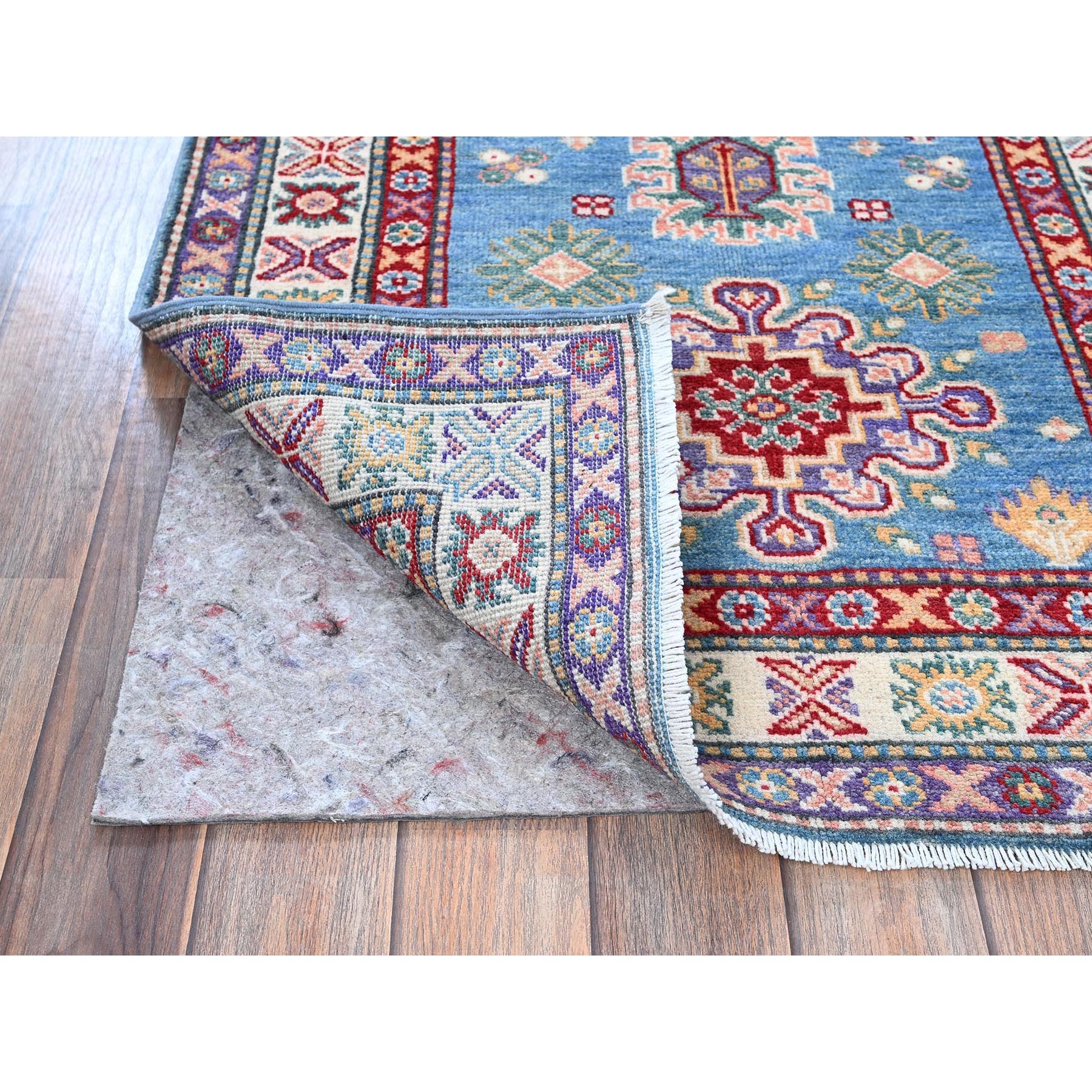 2'8"x6'4" Maya Blue, Kazak with Tribal Medallion Design, Soft and Shiny Wool, Hand Knotted, Vegetable Dyes, Denser Weave, Runner, Oriental Rug Sh446