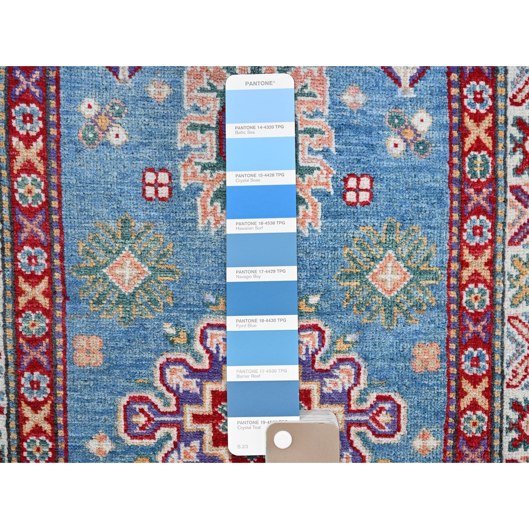 2'8"x6'4" Maya Blue, Kazak with Tribal Medallion Design, Soft and Shiny Wool, Hand Knotted, Vegetable Dyes, Denser Weave, Runner, Oriental Rug Sh446