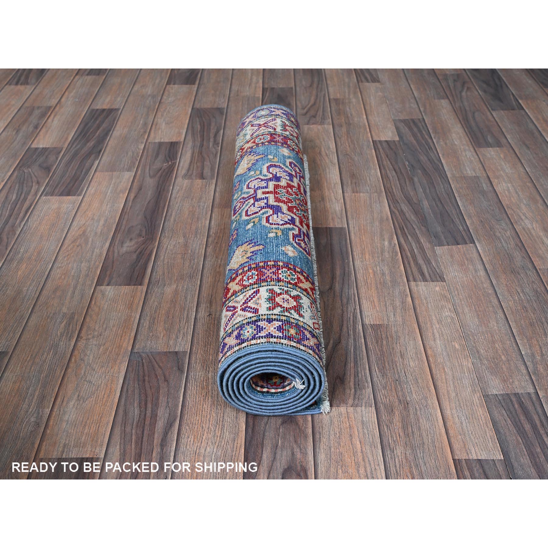 2'8"x6'4" Maya Blue, Kazak with Tribal Medallion Design, Soft and Shiny Wool, Hand Knotted, Vegetable Dyes, Denser Weave, Runner, Oriental Rug Sh446