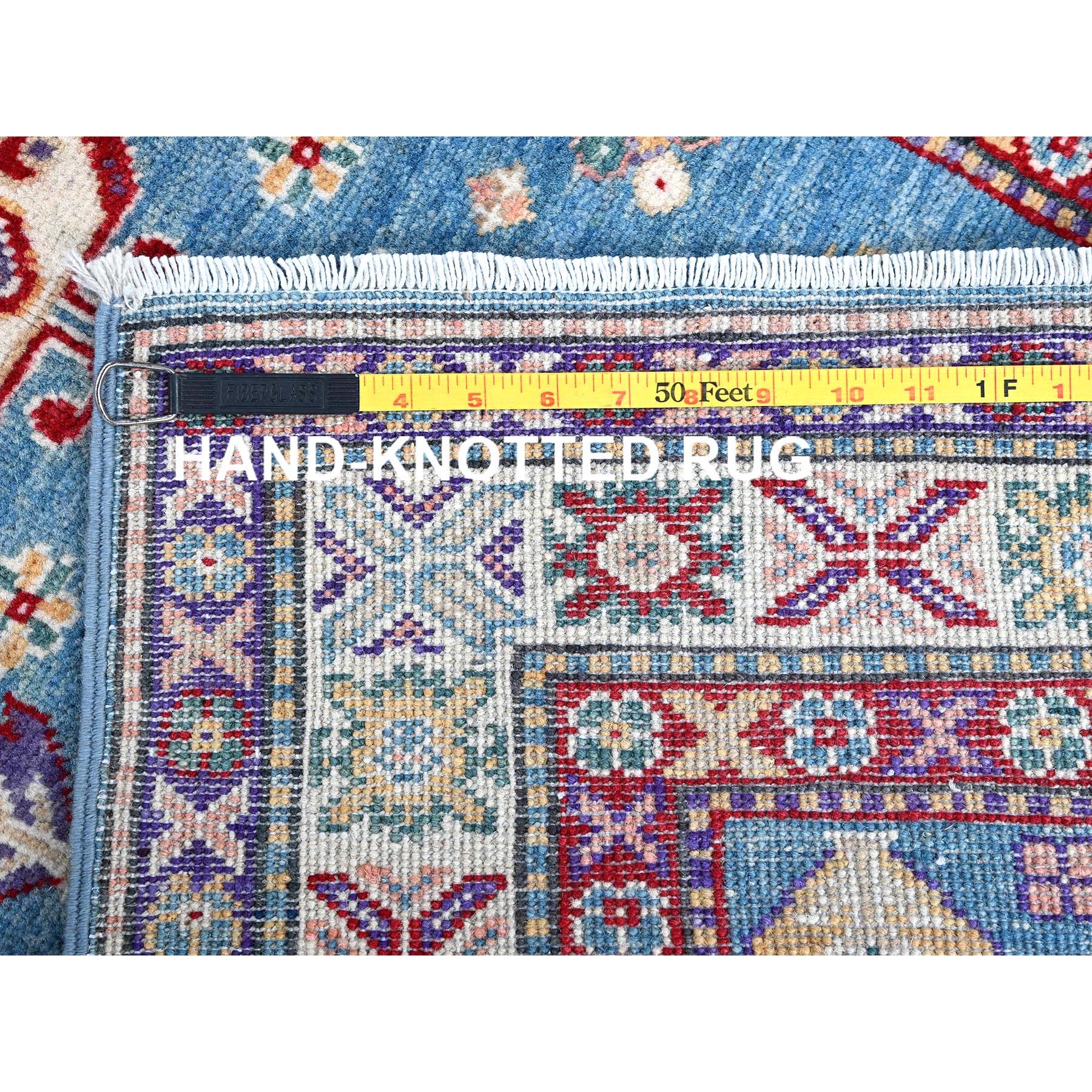 2'8"x6'4" Maya Blue, Kazak with Tribal Medallion Design, Soft and Shiny Wool, Hand Knotted, Vegetable Dyes, Denser Weave, Runner, Oriental Rug Sh446