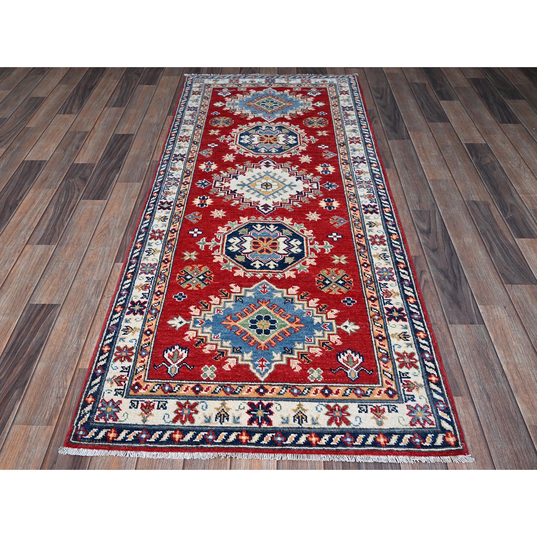 2'9"x6'7" Crimson Red, Kazak with Geometric Medallions Design, Denser Weave, Soft and Velvety Wool, Hand Knotted, Vegetable Dyes, Runner, Oriental Rug Sh447