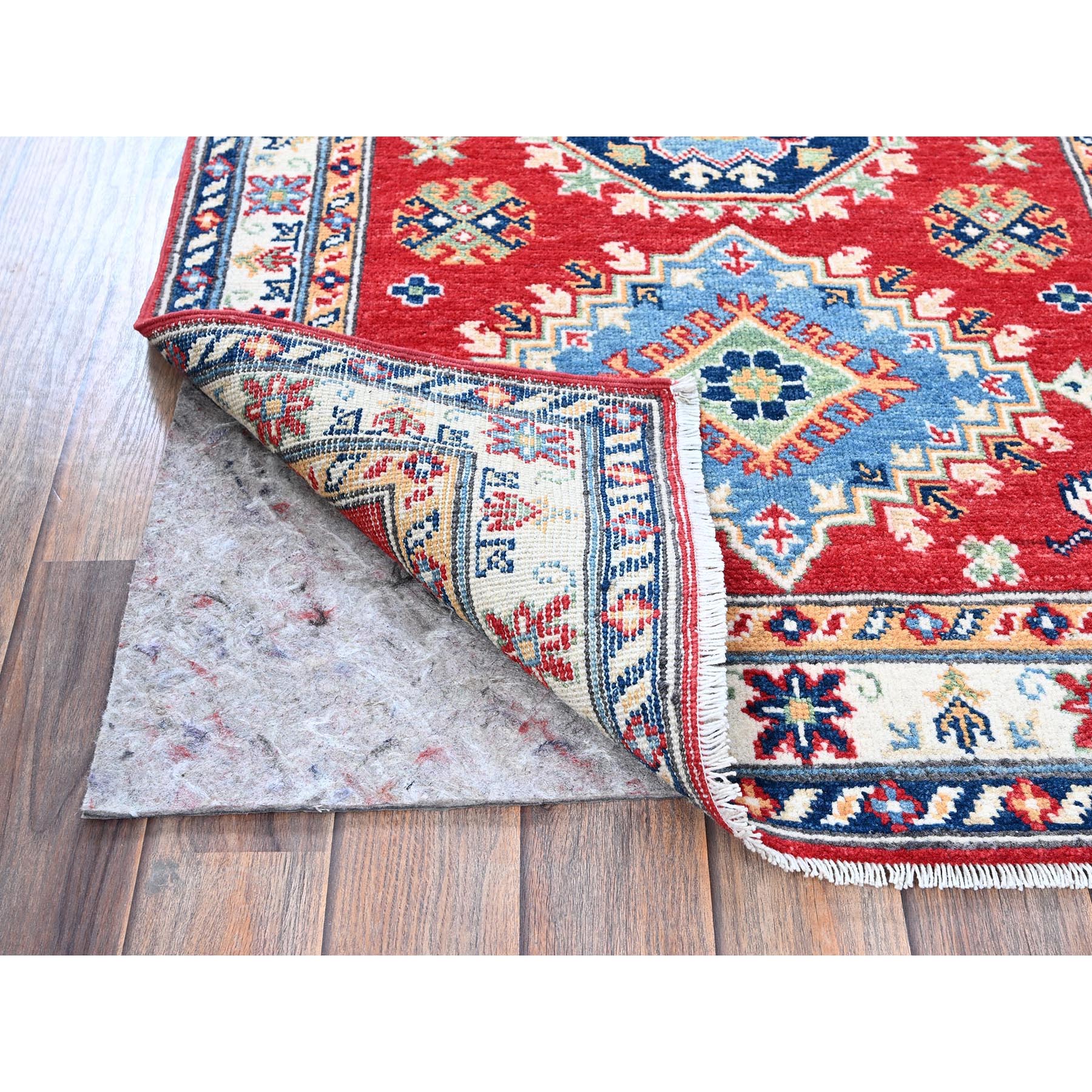 2'9"x6'7" Crimson Red, Kazak with Geometric Medallions Design, Denser Weave, Soft and Velvety Wool, Hand Knotted, Vegetable Dyes, Runner, Oriental Rug Sh447