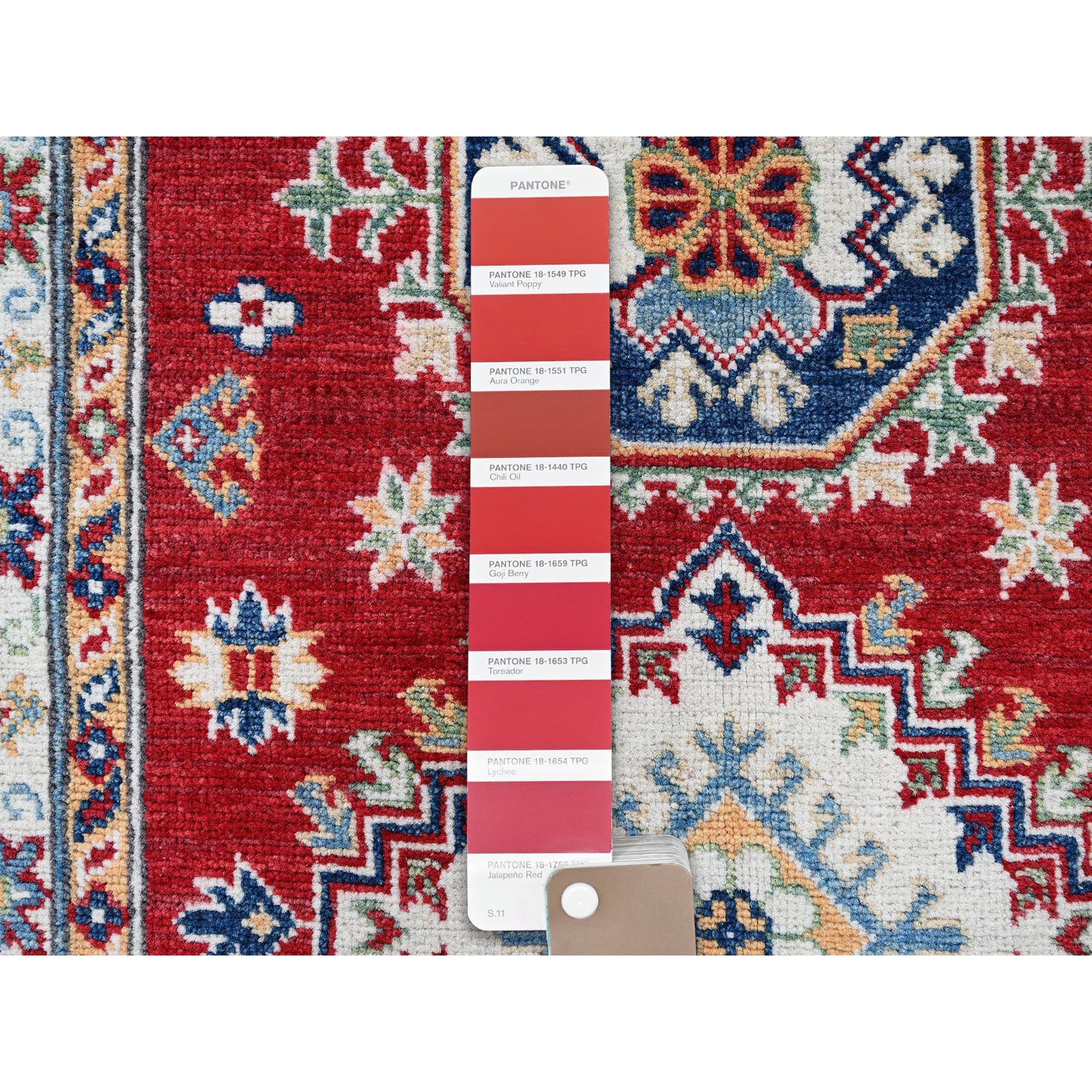 2'9"x6'7" Crimson Red, Kazak with Geometric Medallions Design, Denser Weave, Soft and Velvety Wool, Hand Knotted, Vegetable Dyes, Runner, Oriental Rug Sh447