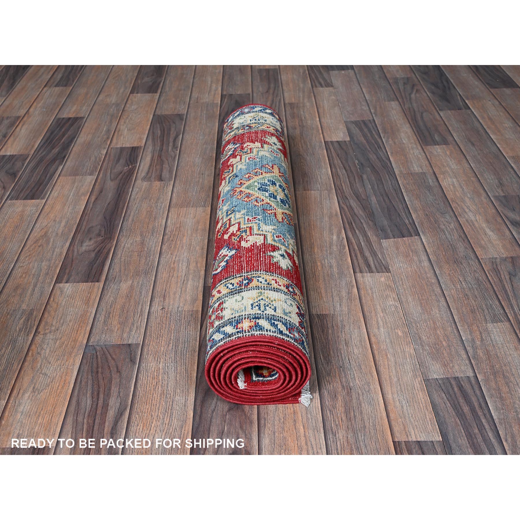 2'9"x6'7" Crimson Red, Kazak with Geometric Medallions Design, Denser Weave, Soft and Velvety Wool, Hand Knotted, Vegetable Dyes, Runner, Oriental Rug Sh447