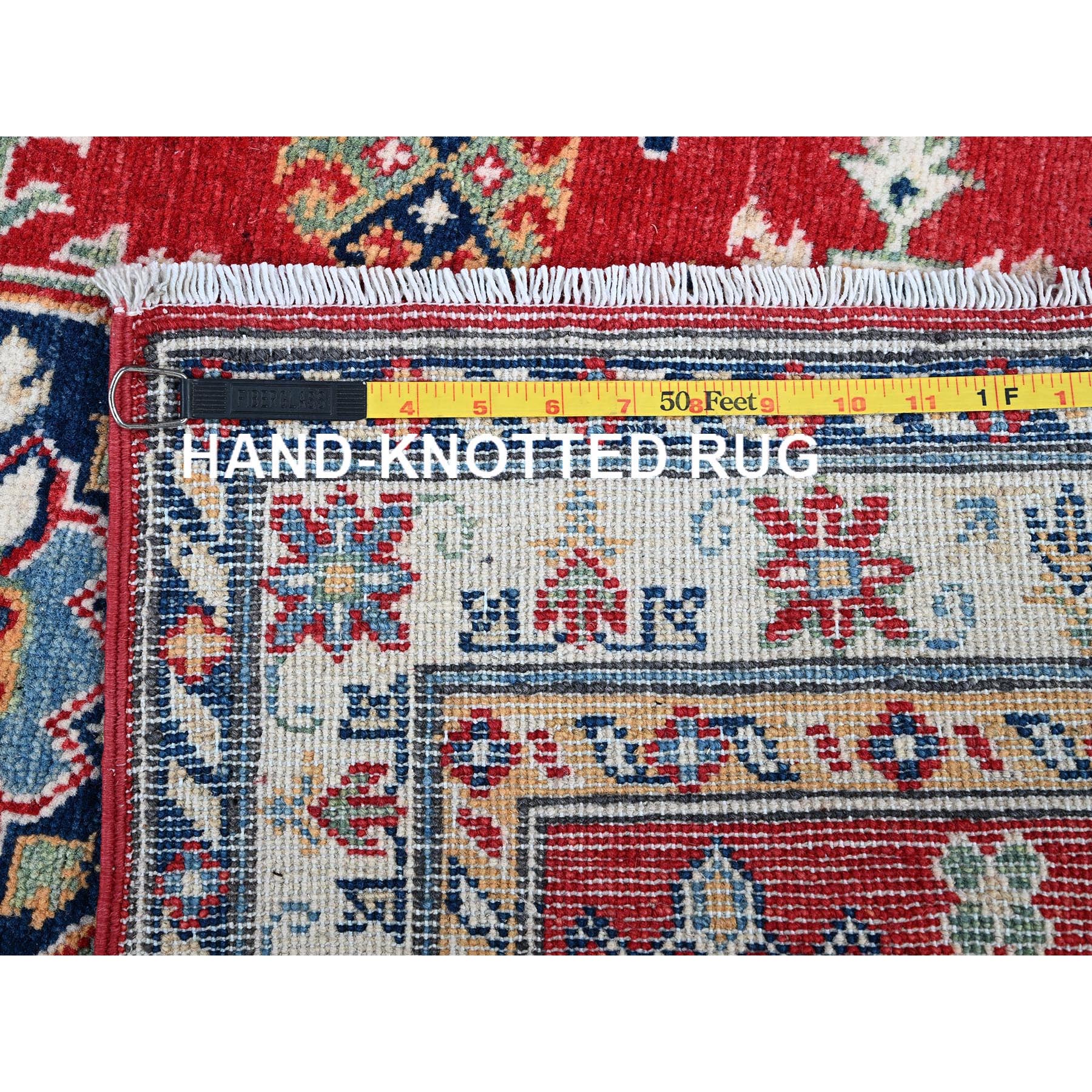 2'9"x6'7" Crimson Red, Kazak with Geometric Medallions Design, Denser Weave, Soft and Velvety Wool, Hand Knotted, Vegetable Dyes, Runner, Oriental Rug Sh447