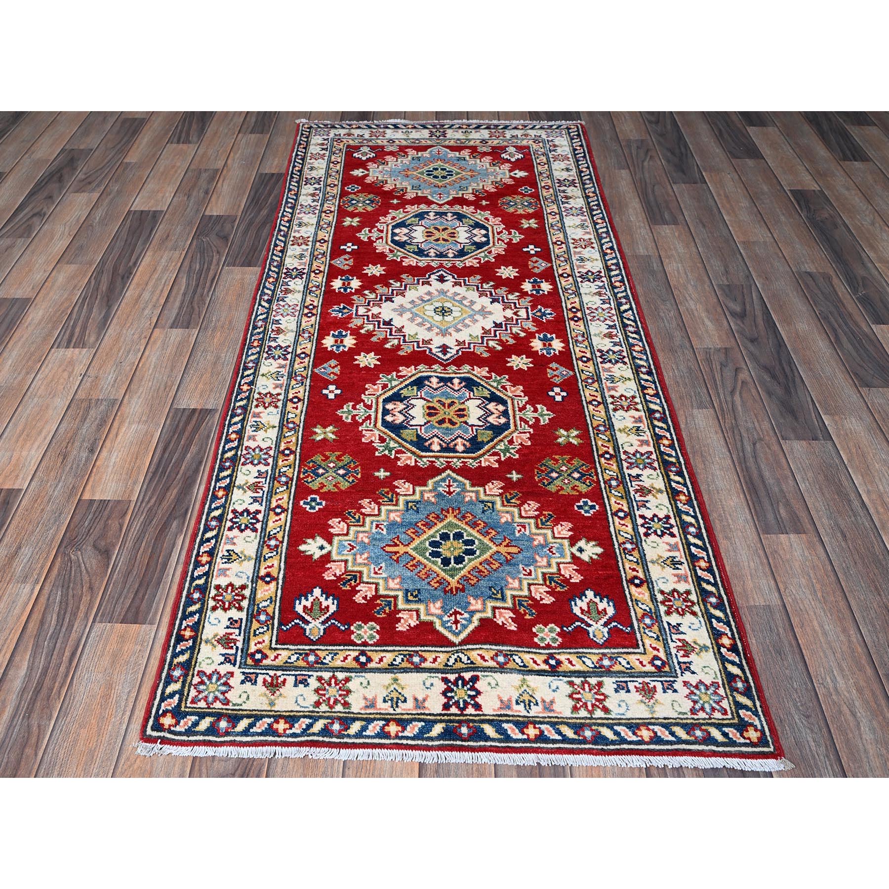 2'9"x6'6" Arsenal Red, Kazak with Geometric Medallions Design, Soft and Shiny Wool, Hand Knotted, Vegetable Dyes, Denser Weave, Runner, Oriental Rug Sh448