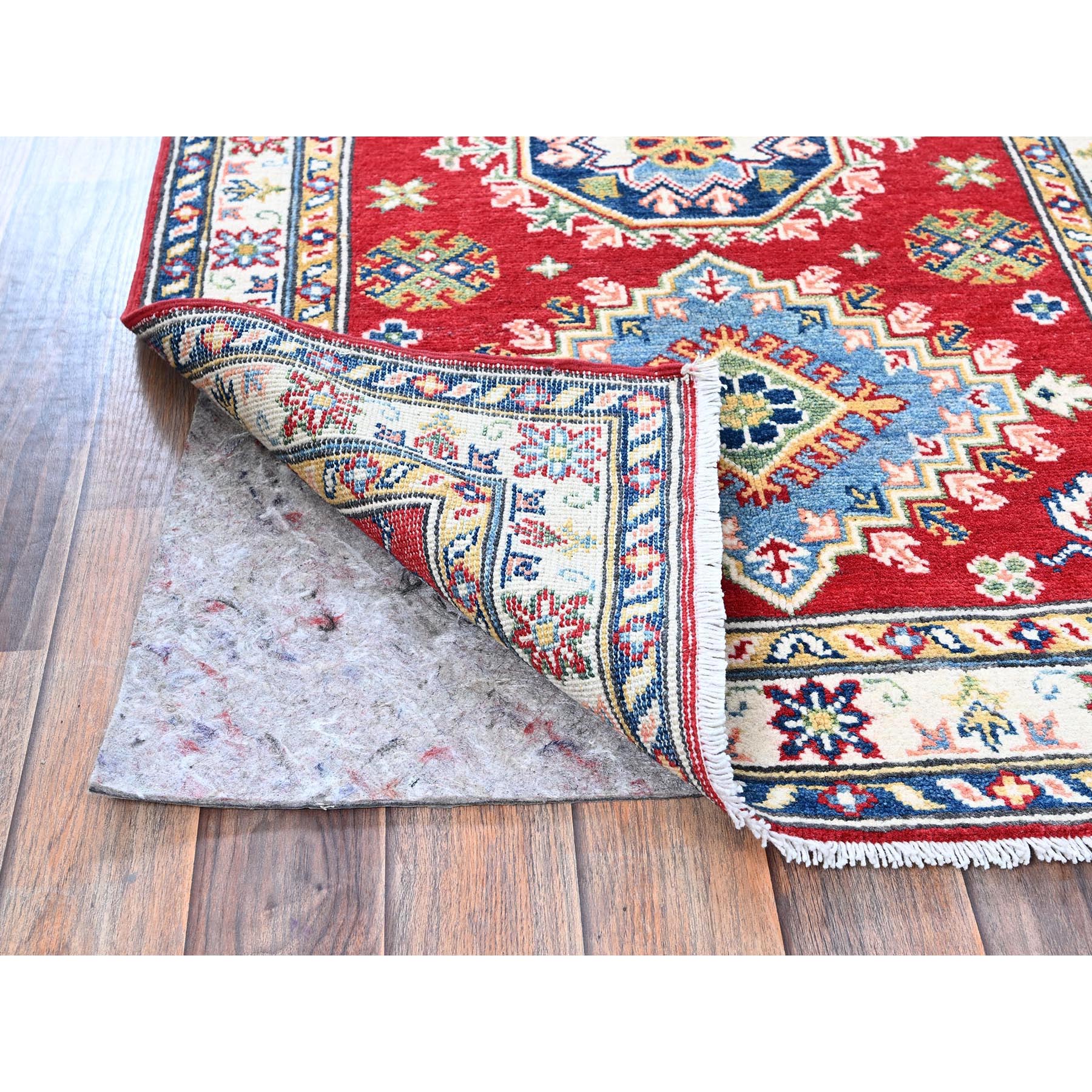 2'9"x6'6" Arsenal Red, Kazak with Geometric Medallions Design, Soft and Shiny Wool, Hand Knotted, Vegetable Dyes, Denser Weave, Runner, Oriental Rug Sh448