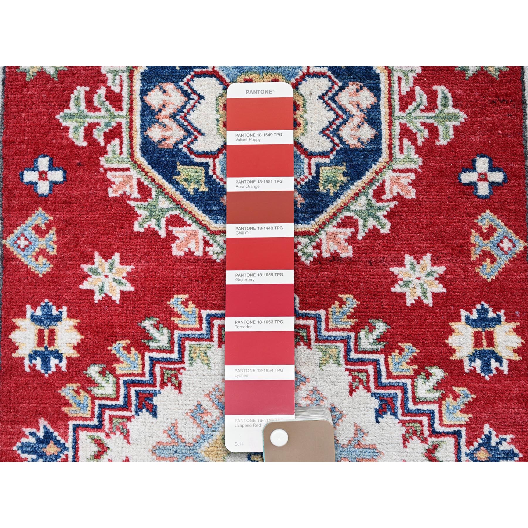 2'9"x6'6" Arsenal Red, Kazak with Geometric Medallions Design, Soft and Shiny Wool, Hand Knotted, Vegetable Dyes, Denser Weave, Runner, Oriental Rug Sh448