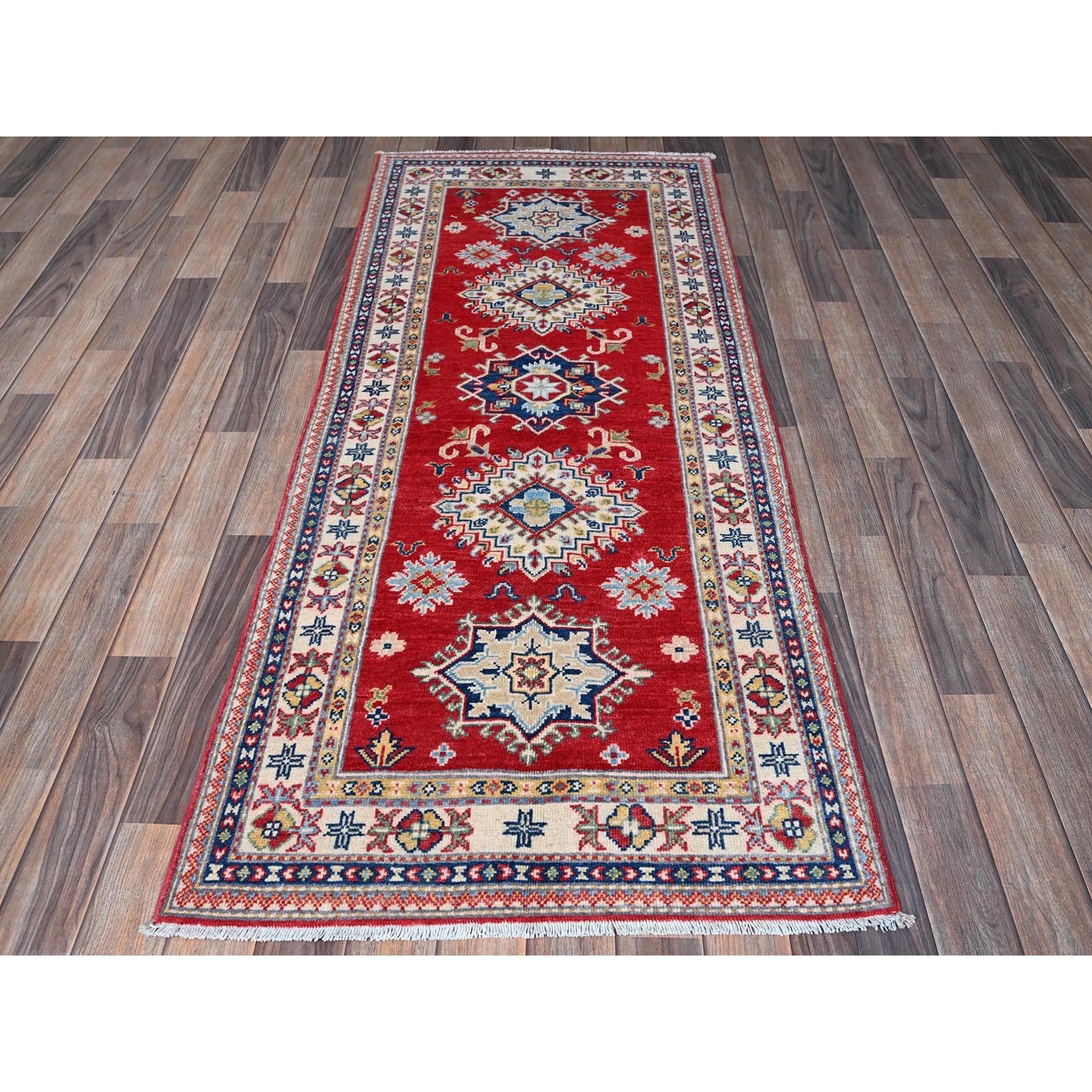 2'8"x6'5" Berry Red, Kazak with Geometric Medallions Design, Hand Knotted, Soft and Velvety Wool, Vegetable Dyes, Denser Weave, Runner, Oriental Rug Sh450