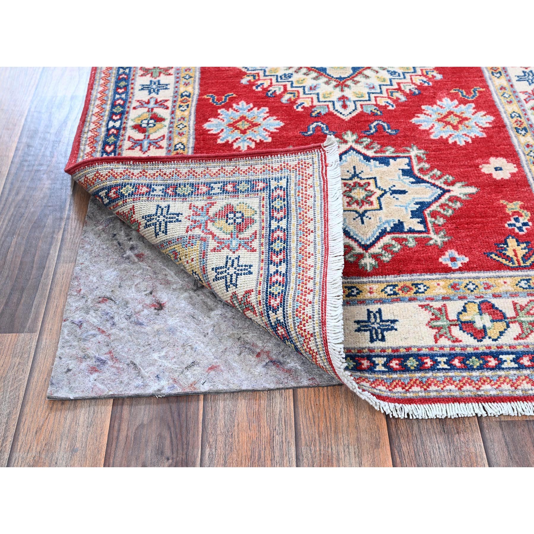 2'8"x6'5" Berry Red, Kazak with Geometric Medallions Design, Hand Knotted, Soft and Velvety Wool, Vegetable Dyes, Denser Weave, Runner, Oriental Rug Sh450