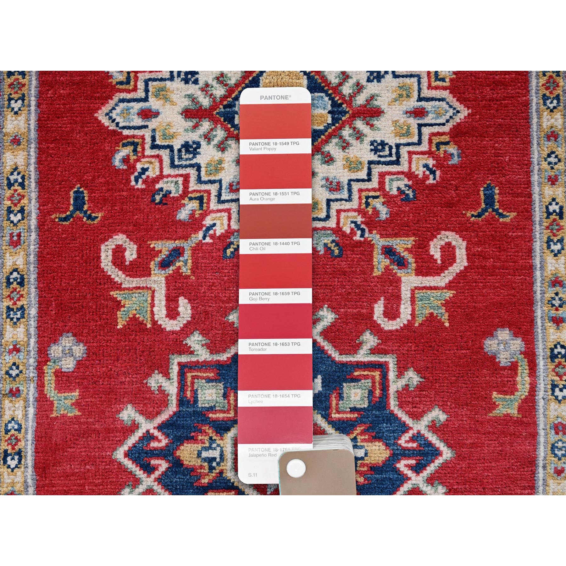 2'8"x6'5" Berry Red, Kazak with Geometric Medallions Design, Hand Knotted, Soft and Velvety Wool, Vegetable Dyes, Denser Weave, Runner, Oriental Rug Sh450