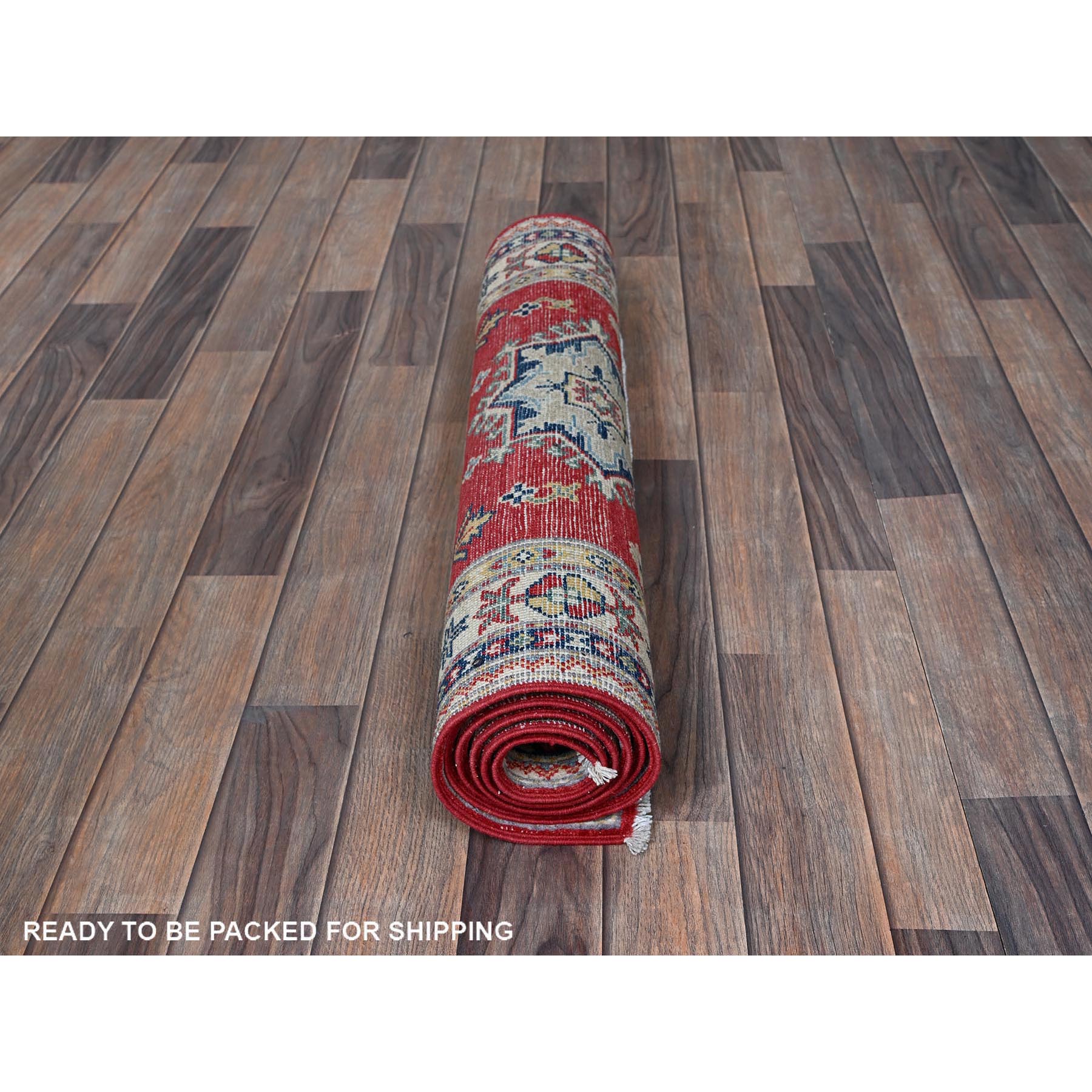 2'8"x6'5" Berry Red, Kazak with Geometric Medallions Design, Hand Knotted, Soft and Velvety Wool, Vegetable Dyes, Denser Weave, Runner, Oriental Rug Sh450