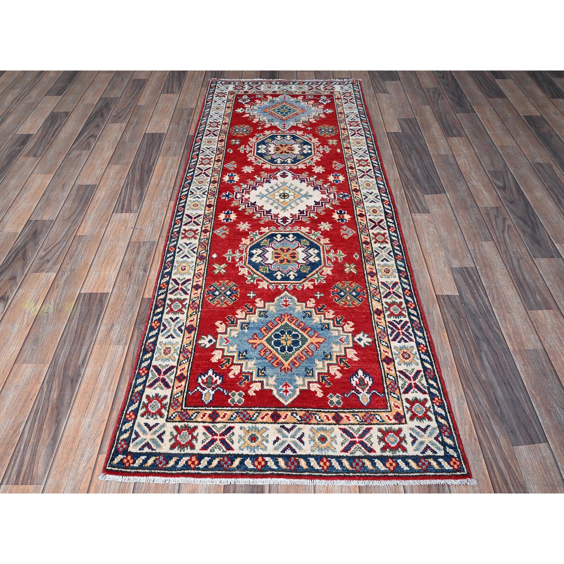 2'7"x6'9" Ajax Red, Kazak with Geometric Medallions Design, Soft and Shiny Wool, Hand Knotted, Vegetable Dyes, Denser Weave, Runner, Oriental Rug Sh451