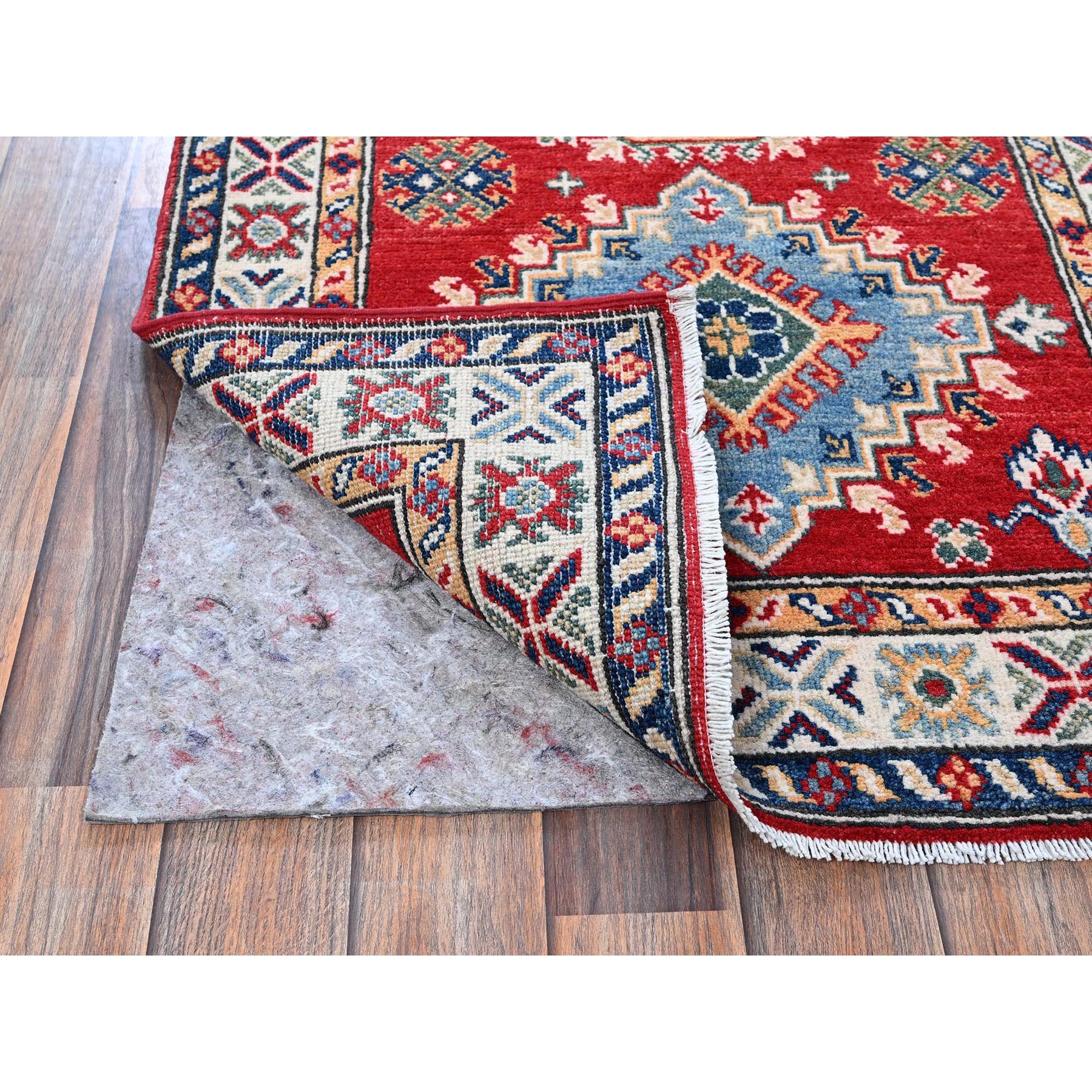 2'7"x6'9" Ajax Red, Kazak with Geometric Medallions Design, Soft and Shiny Wool, Hand Knotted, Vegetable Dyes, Denser Weave, Runner, Oriental Rug Sh451