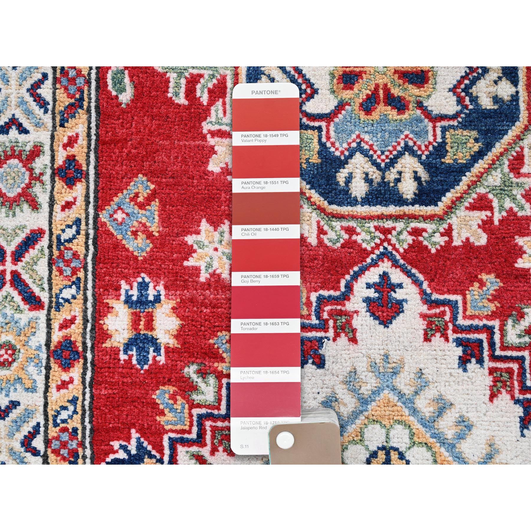 2'7"x6'9" Ajax Red, Kazak with Geometric Medallions Design, Soft and Shiny Wool, Hand Knotted, Vegetable Dyes, Denser Weave, Runner, Oriental Rug Sh451