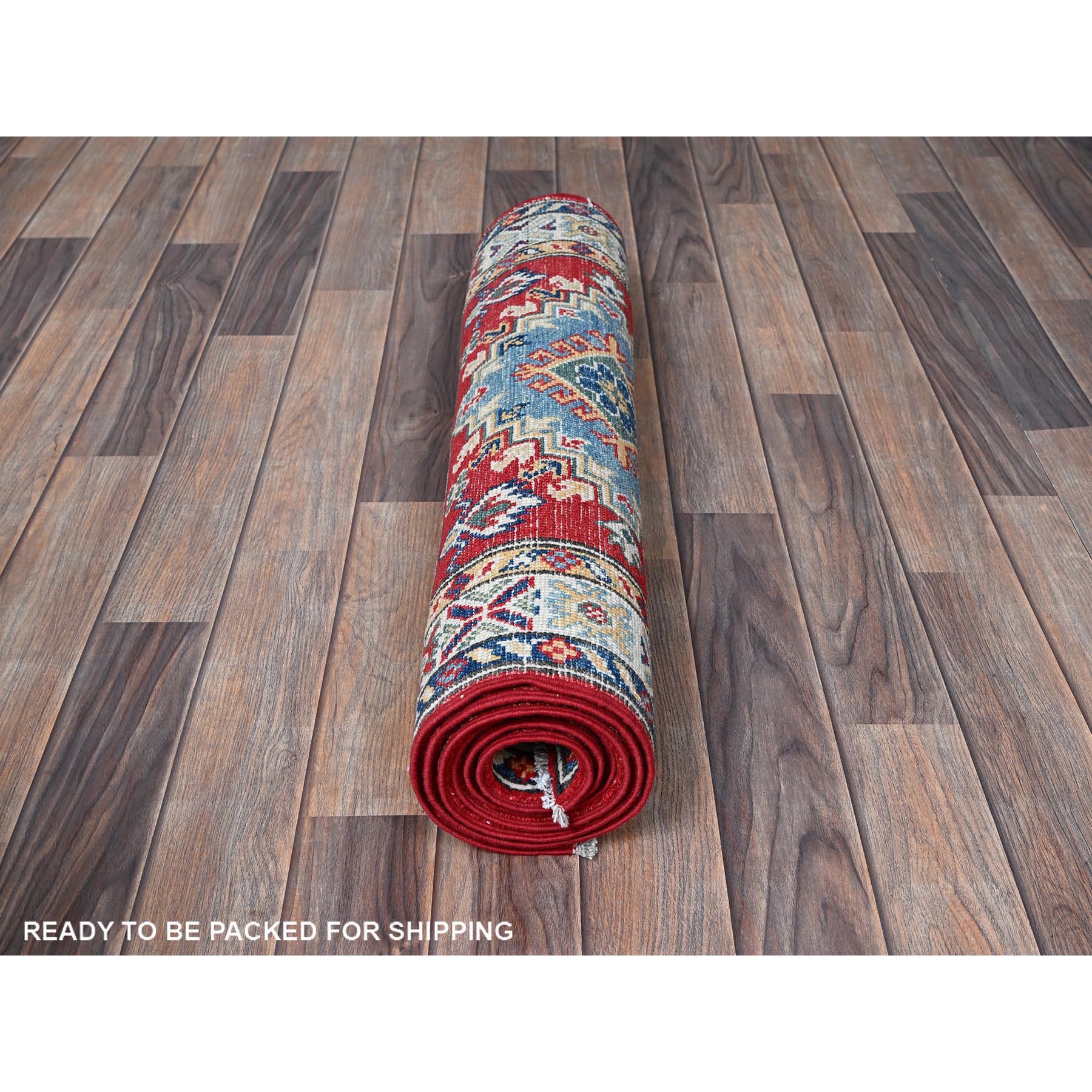 2'7"x6'9" Ajax Red, Kazak with Geometric Medallions Design, Soft and Shiny Wool, Hand Knotted, Vegetable Dyes, Denser Weave, Runner, Oriental Rug Sh451