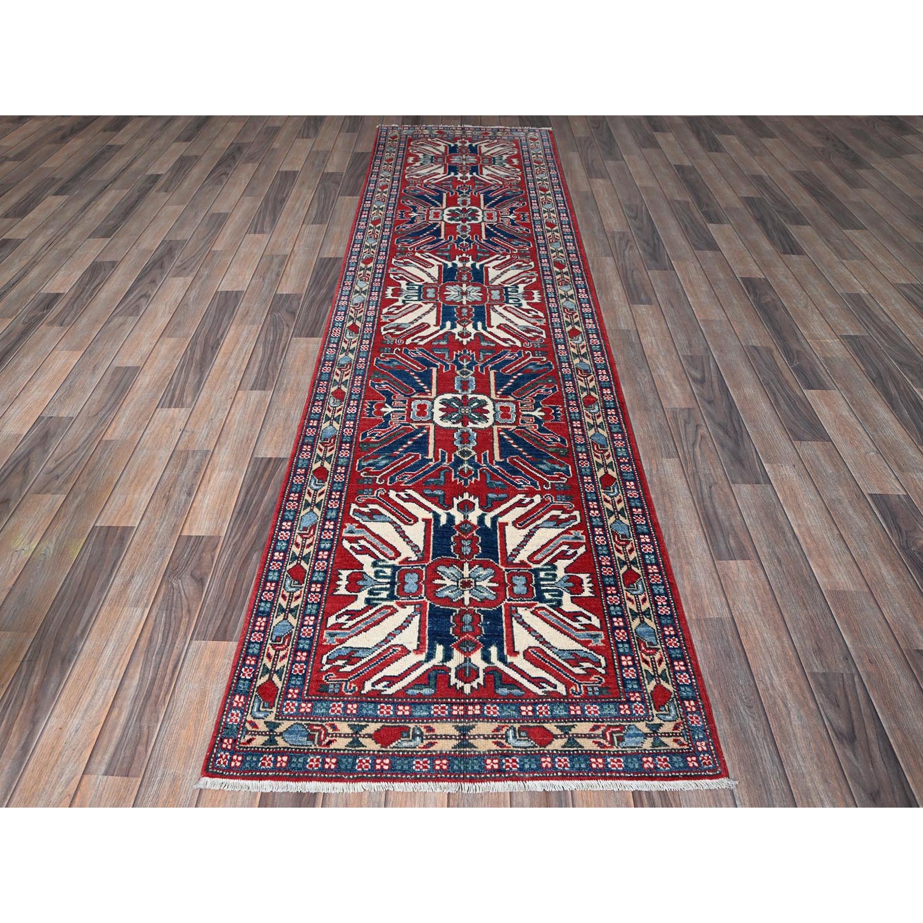 2'9"x9'10" Crimson Red, Eagle Kazak with Tribal Medallions Design, Hand Knotted, Soft and Velvety Wool, Vegetable Dyes, Denser Weave, Runner, Oriental Rug Sh453