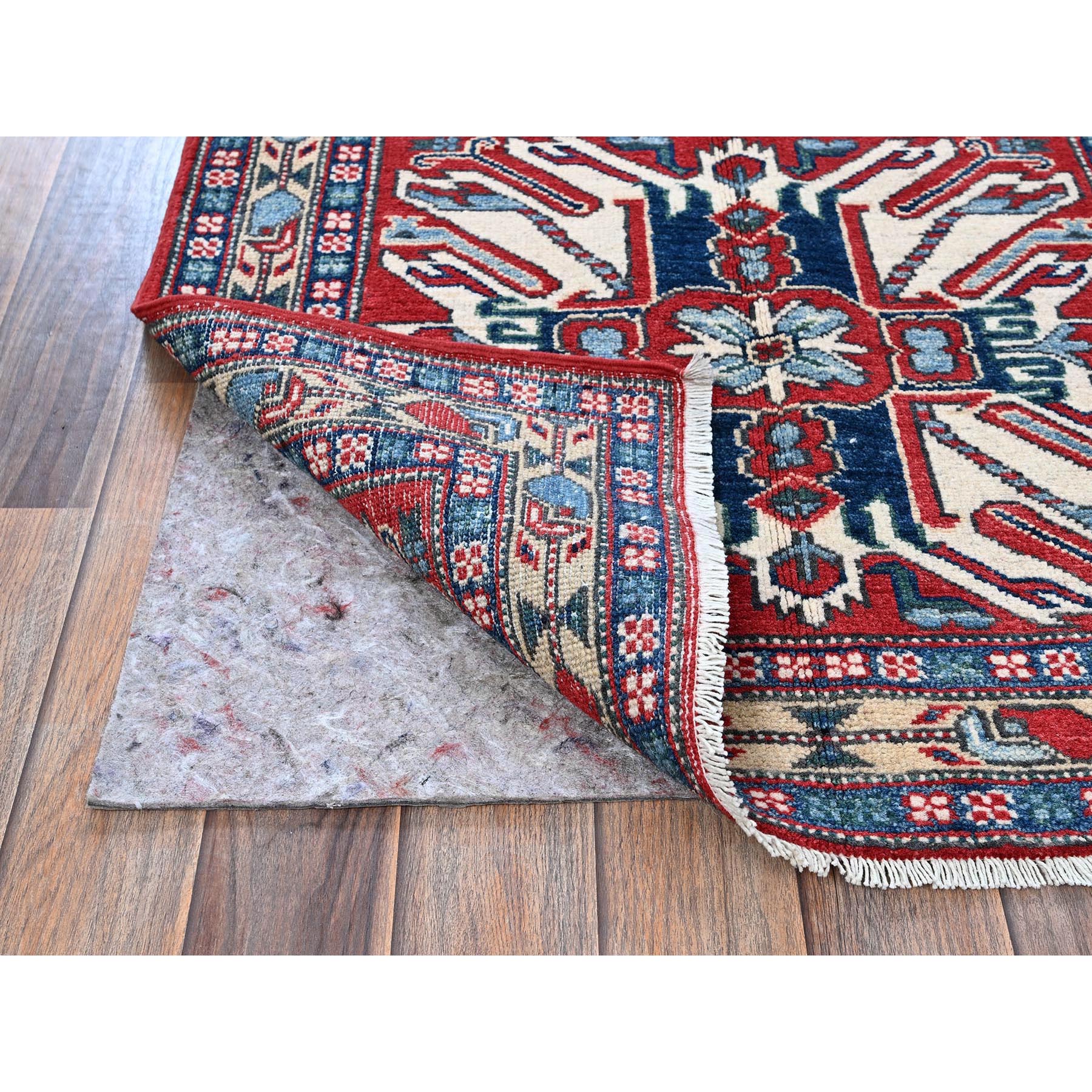 2'9"x9'10" Crimson Red, Eagle Kazak with Tribal Medallions Design, Hand Knotted, Soft and Velvety Wool, Vegetable Dyes, Denser Weave, Runner, Oriental Rug Sh453