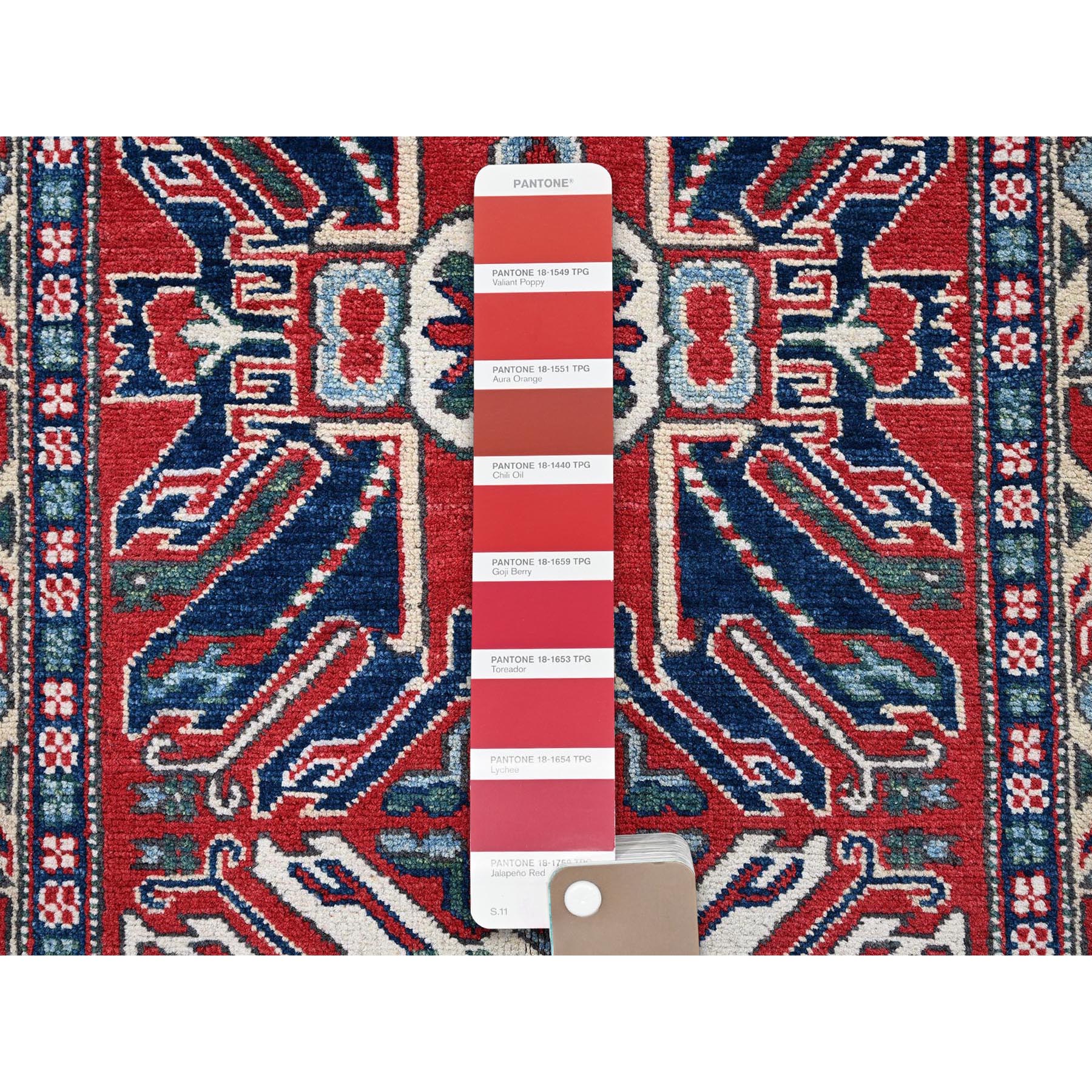 2'9"x9'10" Crimson Red, Eagle Kazak with Tribal Medallions Design, Hand Knotted, Soft and Velvety Wool, Vegetable Dyes, Denser Weave, Runner, Oriental Rug Sh453