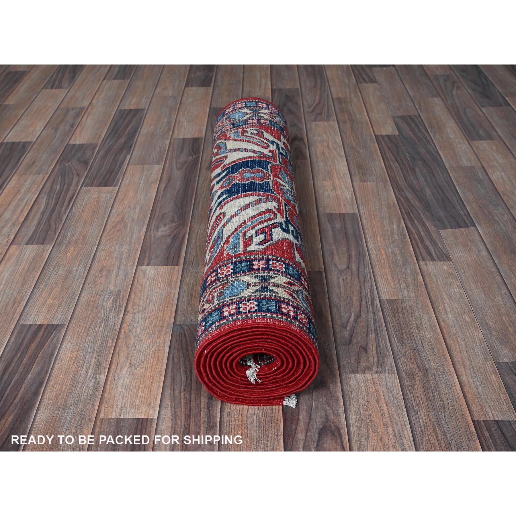 2'9"x9'10" Crimson Red, Eagle Kazak with Tribal Medallions Design, Hand Knotted, Soft and Velvety Wool, Vegetable Dyes, Denser Weave, Runner, Oriental Rug Sh453