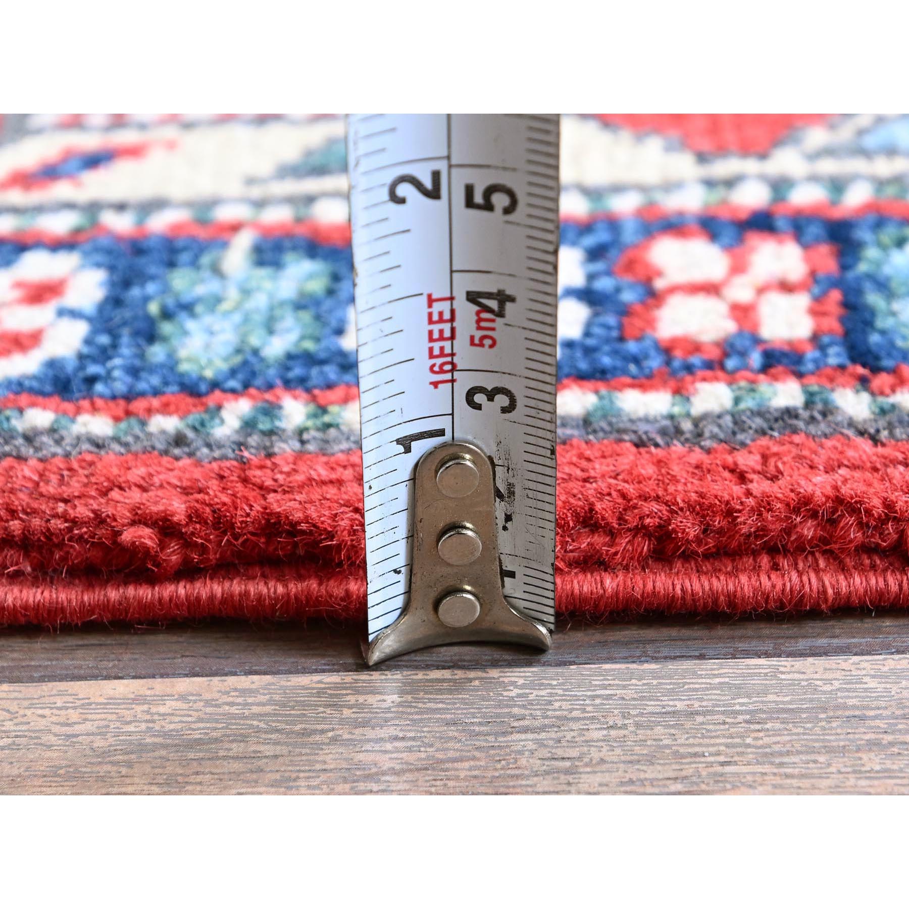 2'9"x9'10" Crimson Red, Eagle Kazak with Tribal Medallions Design, Hand Knotted, Soft and Velvety Wool, Vegetable Dyes, Denser Weave, Runner, Oriental Rug Sh453