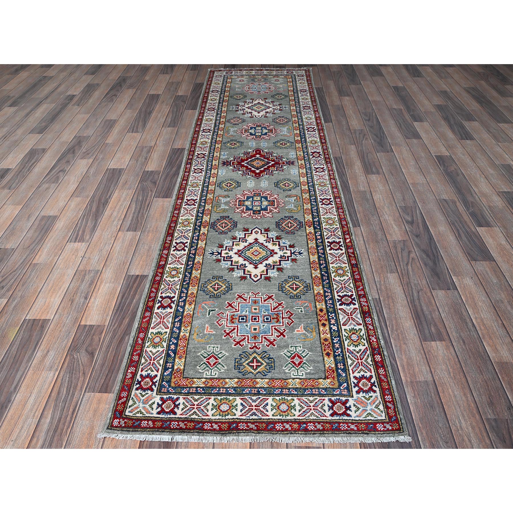 2'7"x9'3" Whisper Green, Kazak with Geometric Medallions Design, Soft and Shiny Wool, Hand Knotted, Vegetable Dyes, Denser Weave, Runner, Oriental Rug Sh454