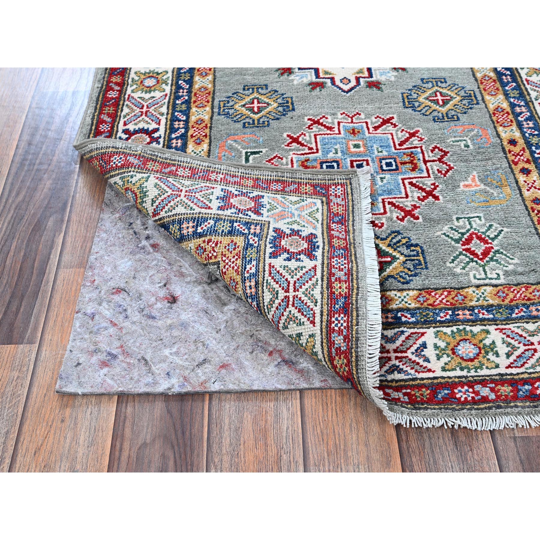 2'7"x9'3" Whisper Green, Kazak with Geometric Medallions Design, Soft and Shiny Wool, Hand Knotted, Vegetable Dyes, Denser Weave, Runner, Oriental Rug Sh454
