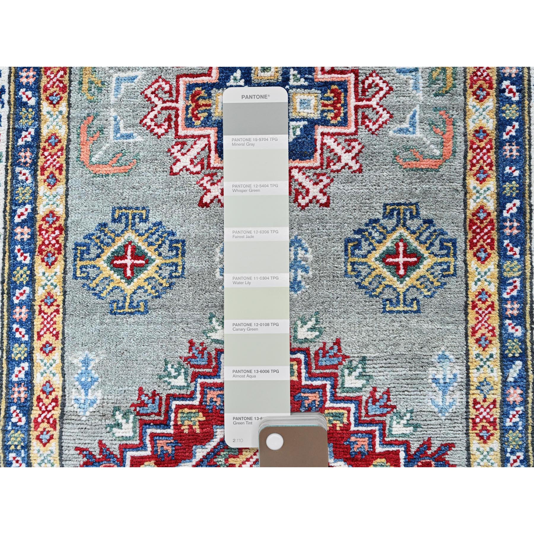 2'7"x9'3" Whisper Green, Kazak with Geometric Medallions Design, Soft and Shiny Wool, Hand Knotted, Vegetable Dyes, Denser Weave, Runner, Oriental Rug Sh454