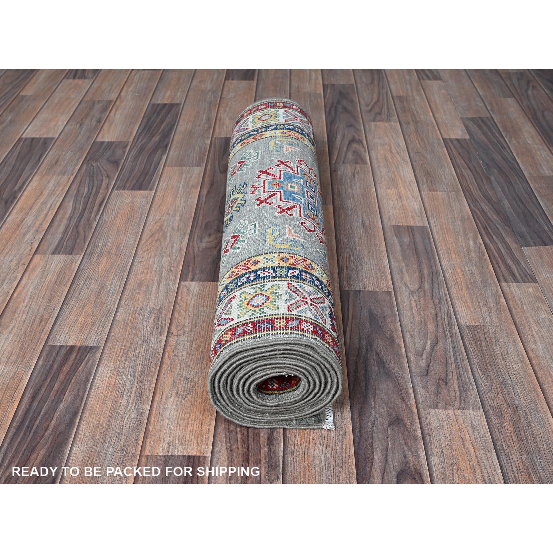 2'7"x9'3" Whisper Green, Kazak with Geometric Medallions Design, Soft and Shiny Wool, Hand Knotted, Vegetable Dyes, Denser Weave, Runner, Oriental Rug Sh454
